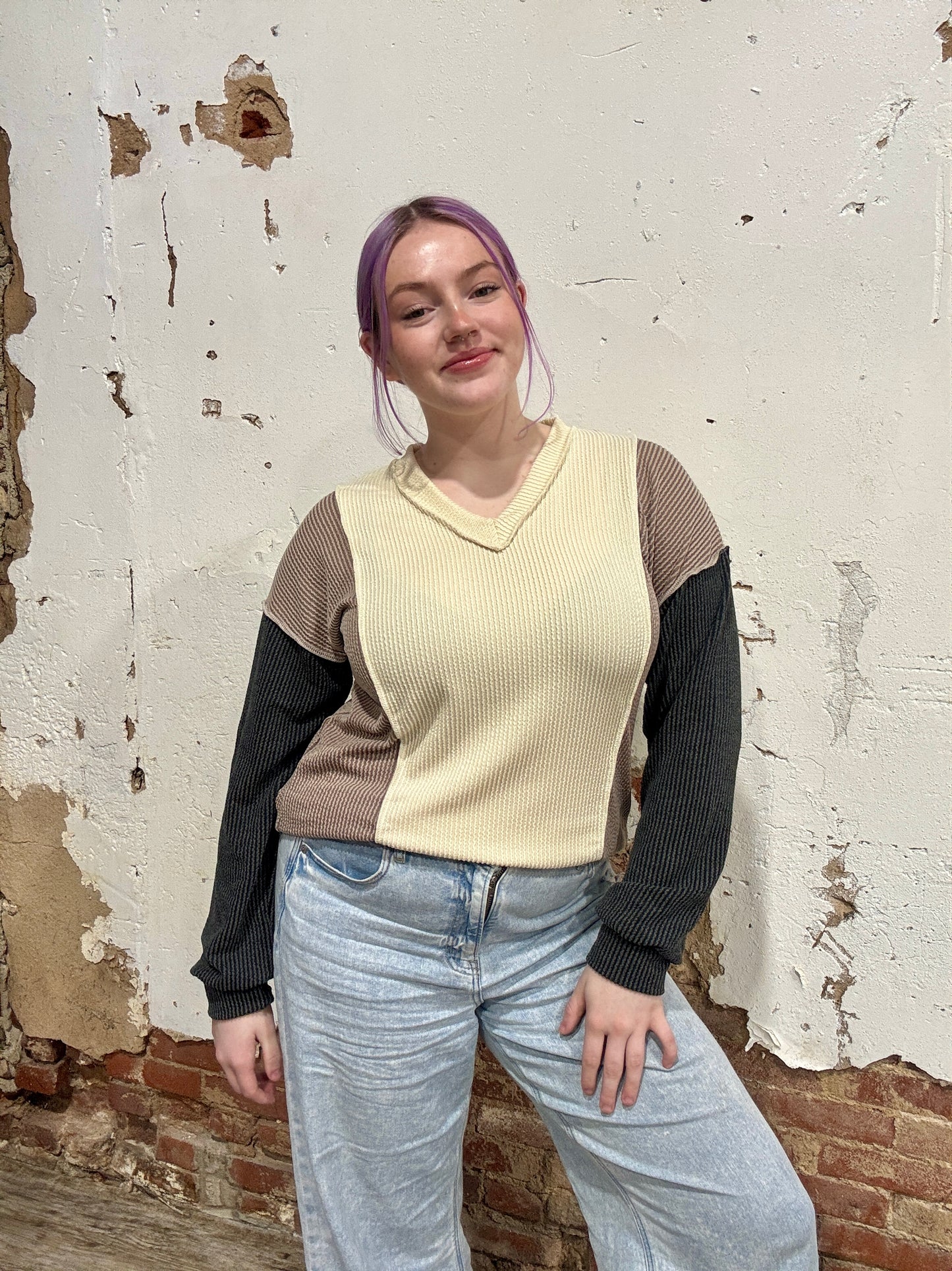 Puff Sleeve Urban Ribbed Color Block Top