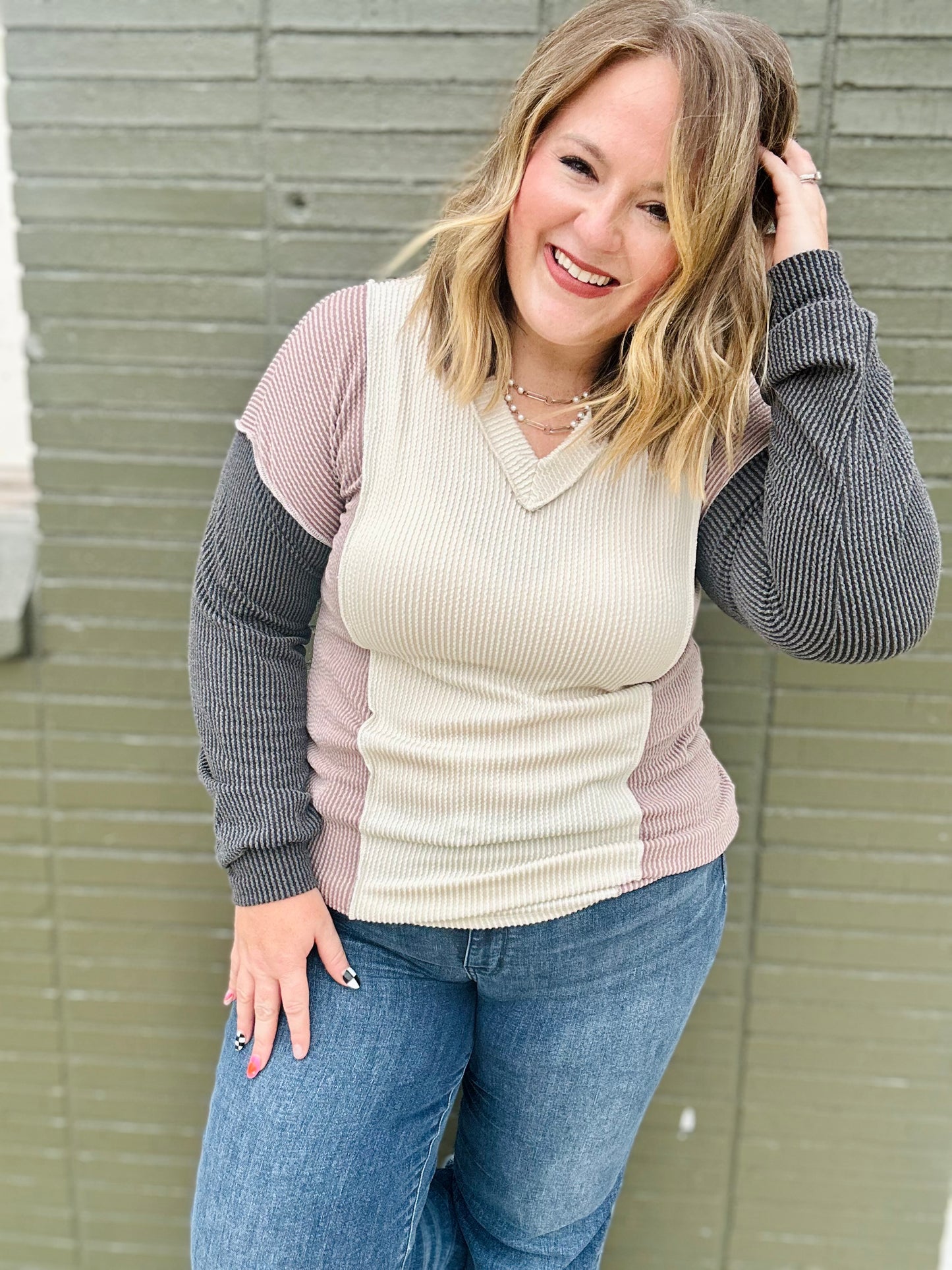 Puff Sleeve Urban Ribbed Color Block Top