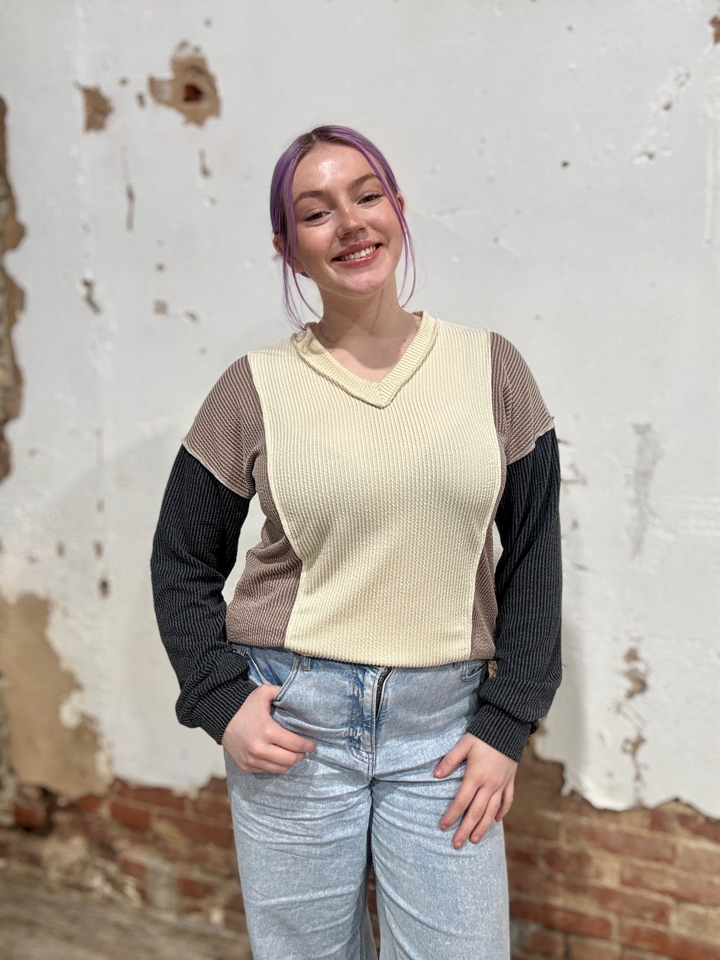 Puff Sleeve Urban Ribbed Color Block Top
