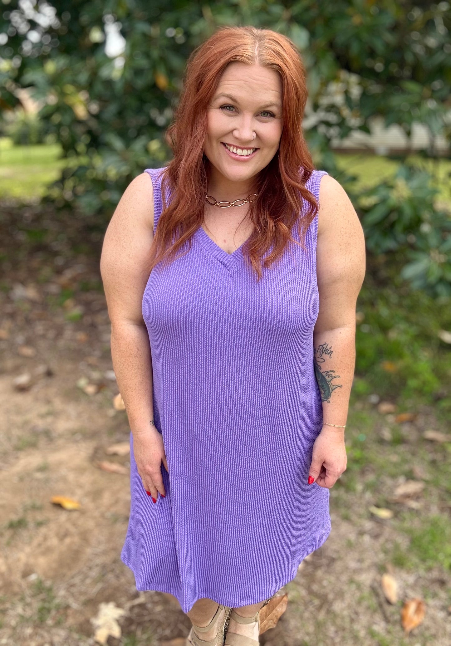 Penny V-Neck Ribbed Dress in Purple