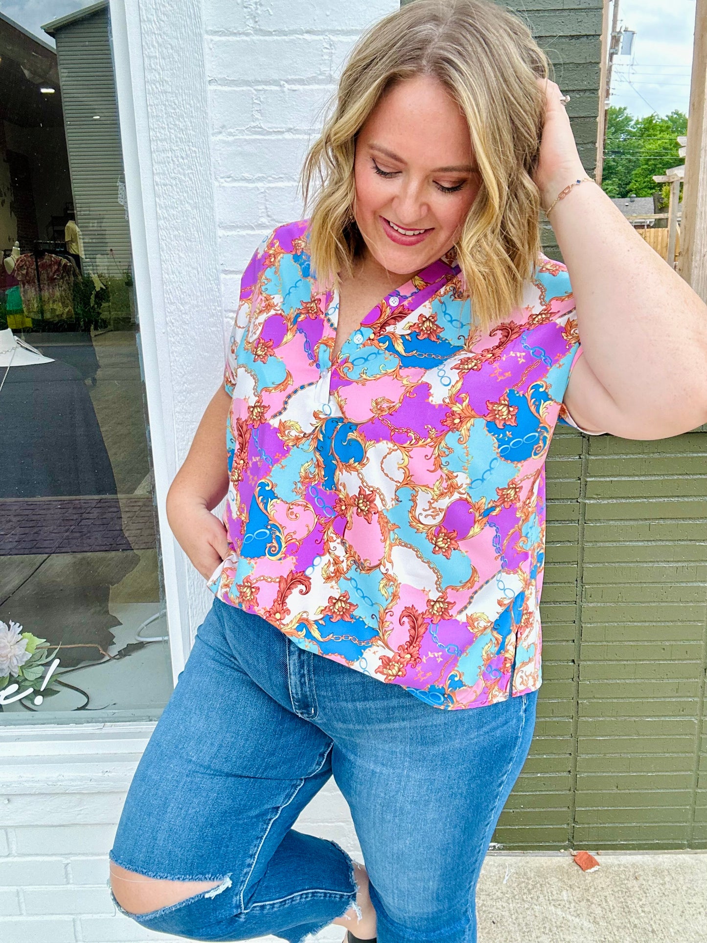 Malia Mixed Print Button Top