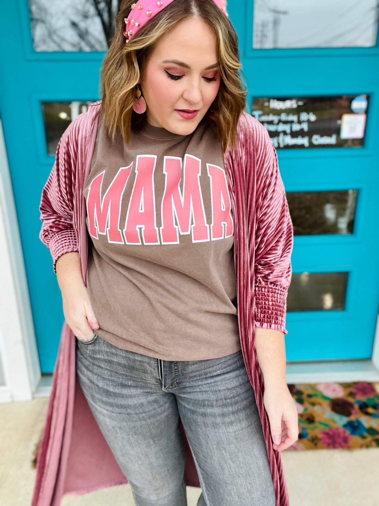 Varsity Mama Coral Tee on Comfort Colors