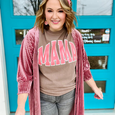 Varsity Mama Coral Tee on Comfort Colors