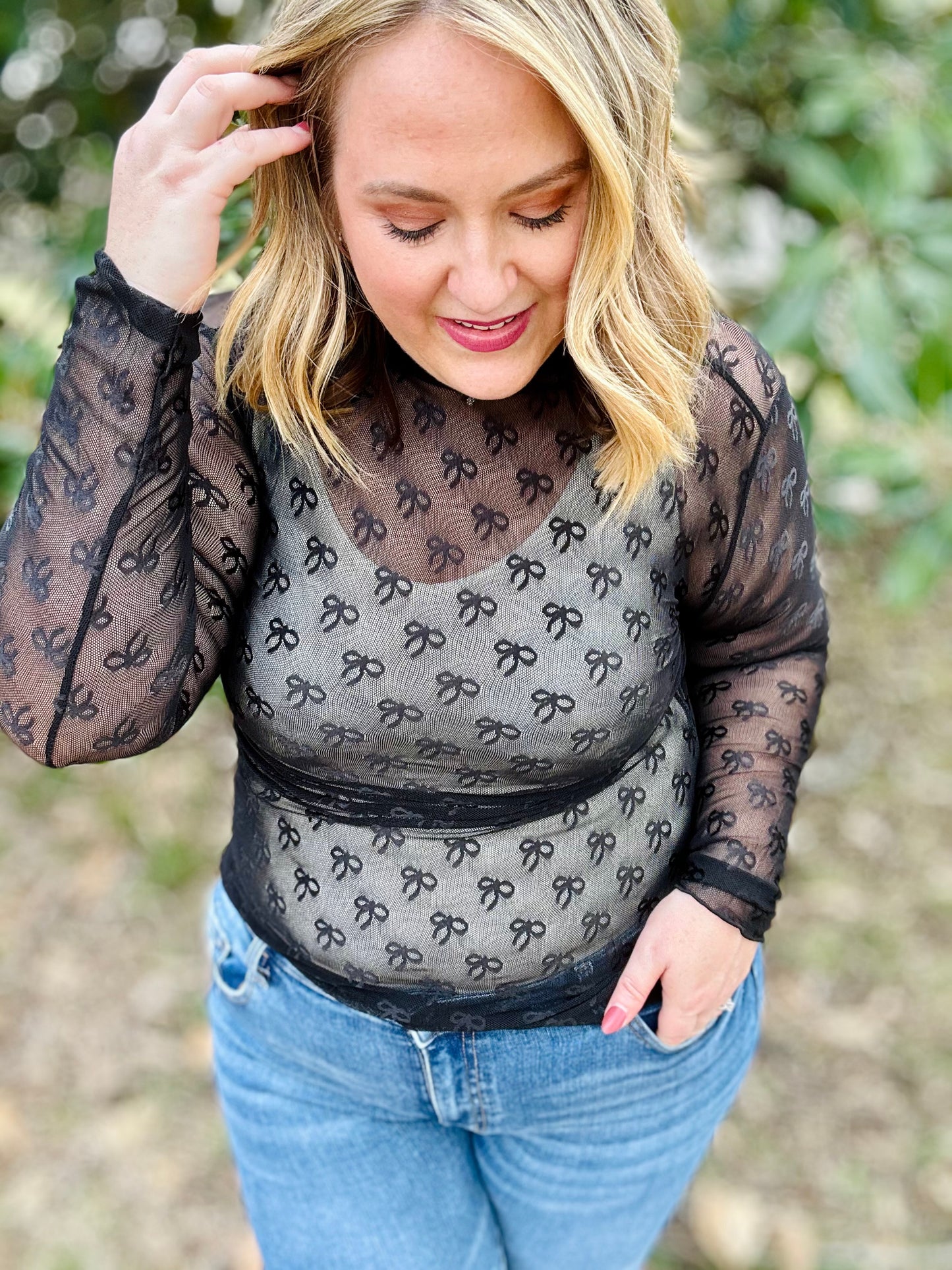 Bow Lace Mesh Top in Black