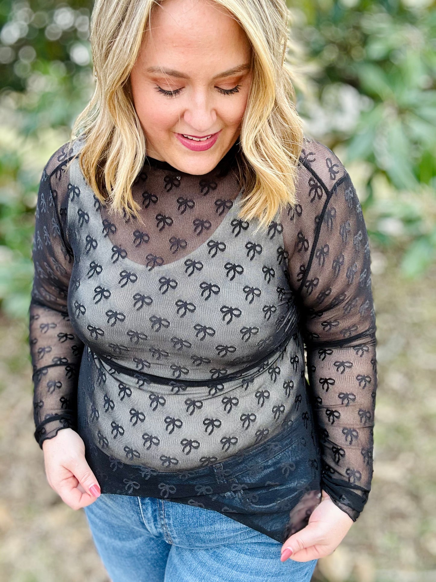 Bow Lace Mesh Top in Black