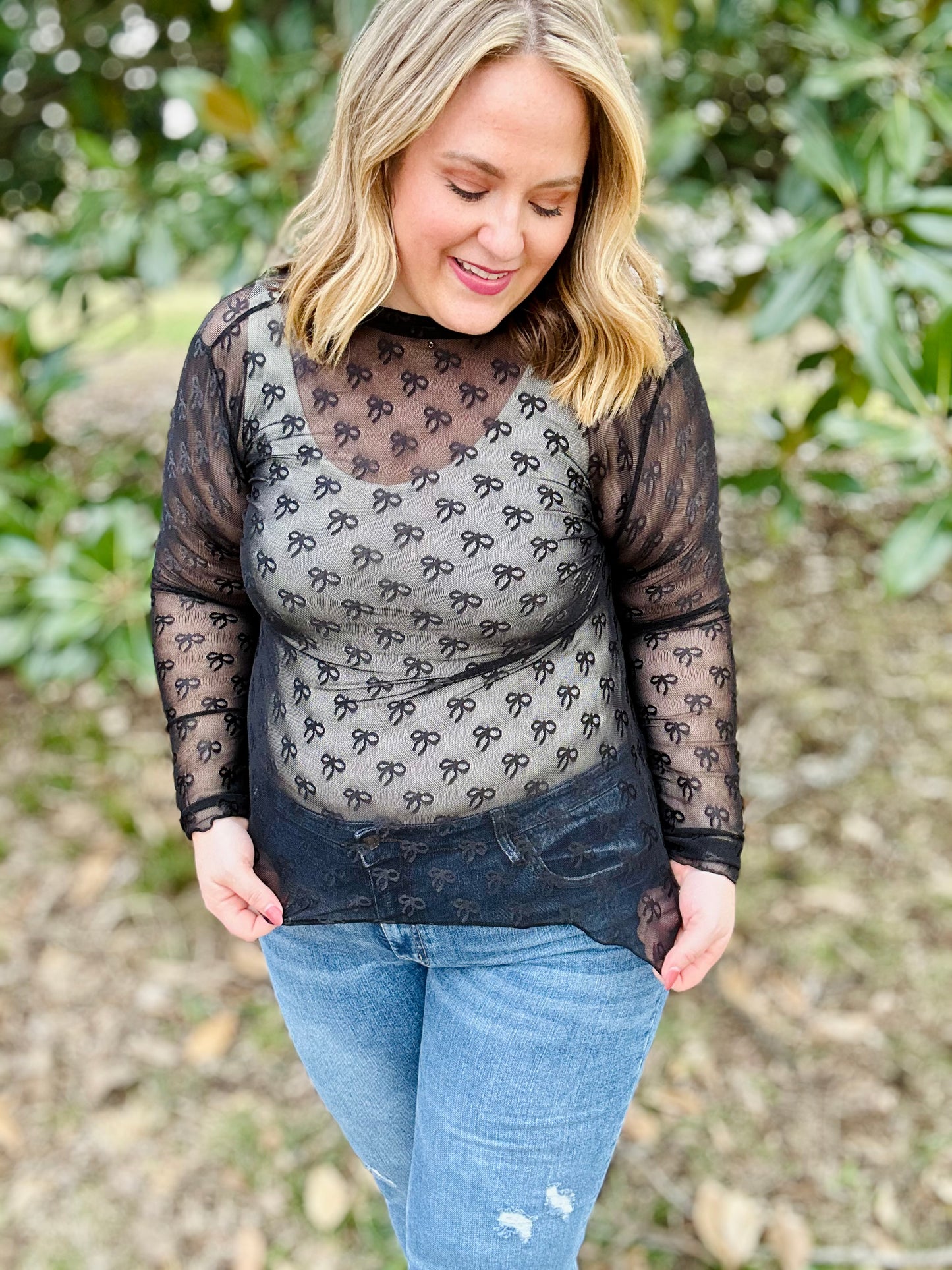 Bow Lace Mesh Top in Black