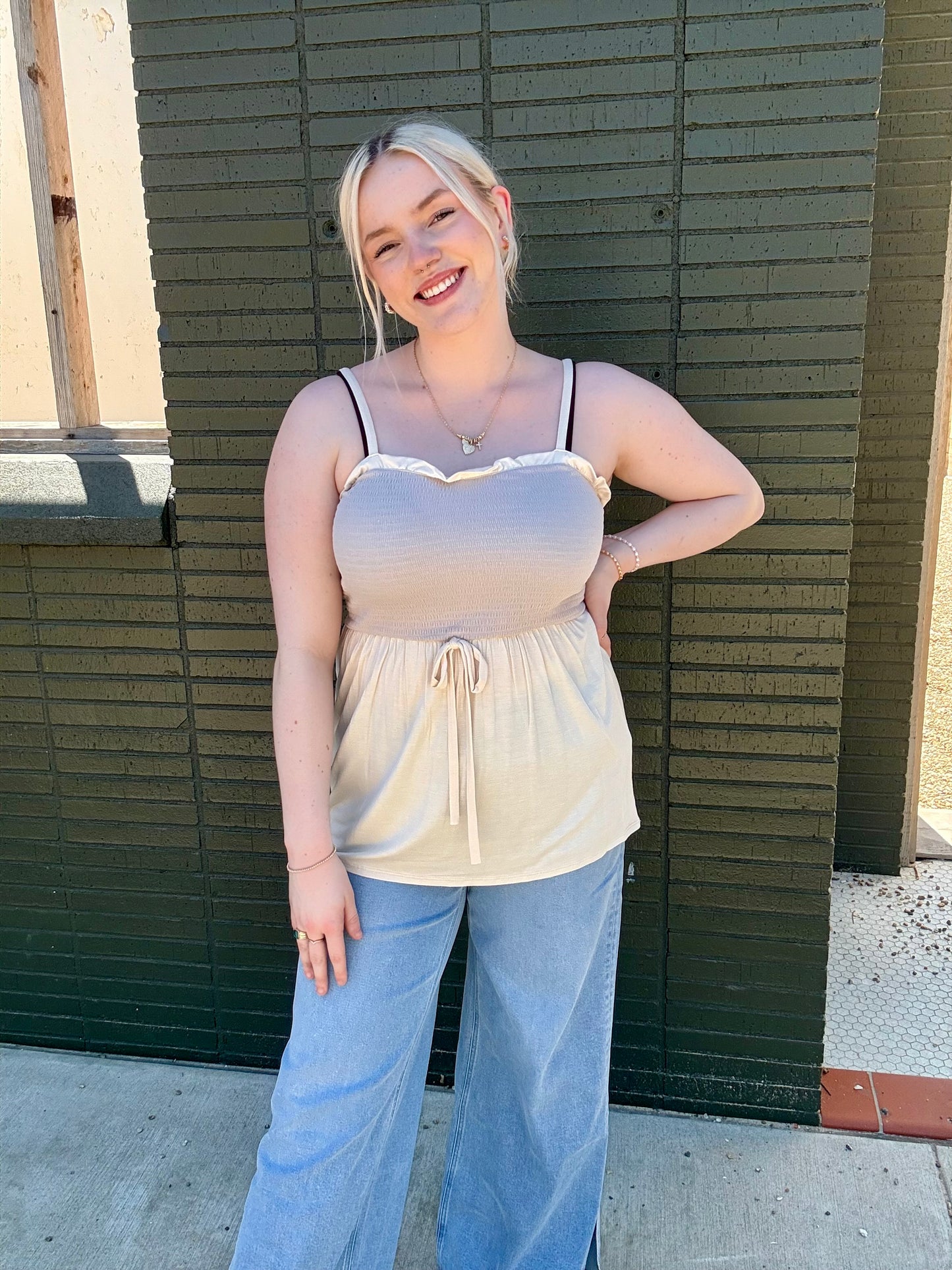 Georgia Smocked Flowy Tank in Taupe