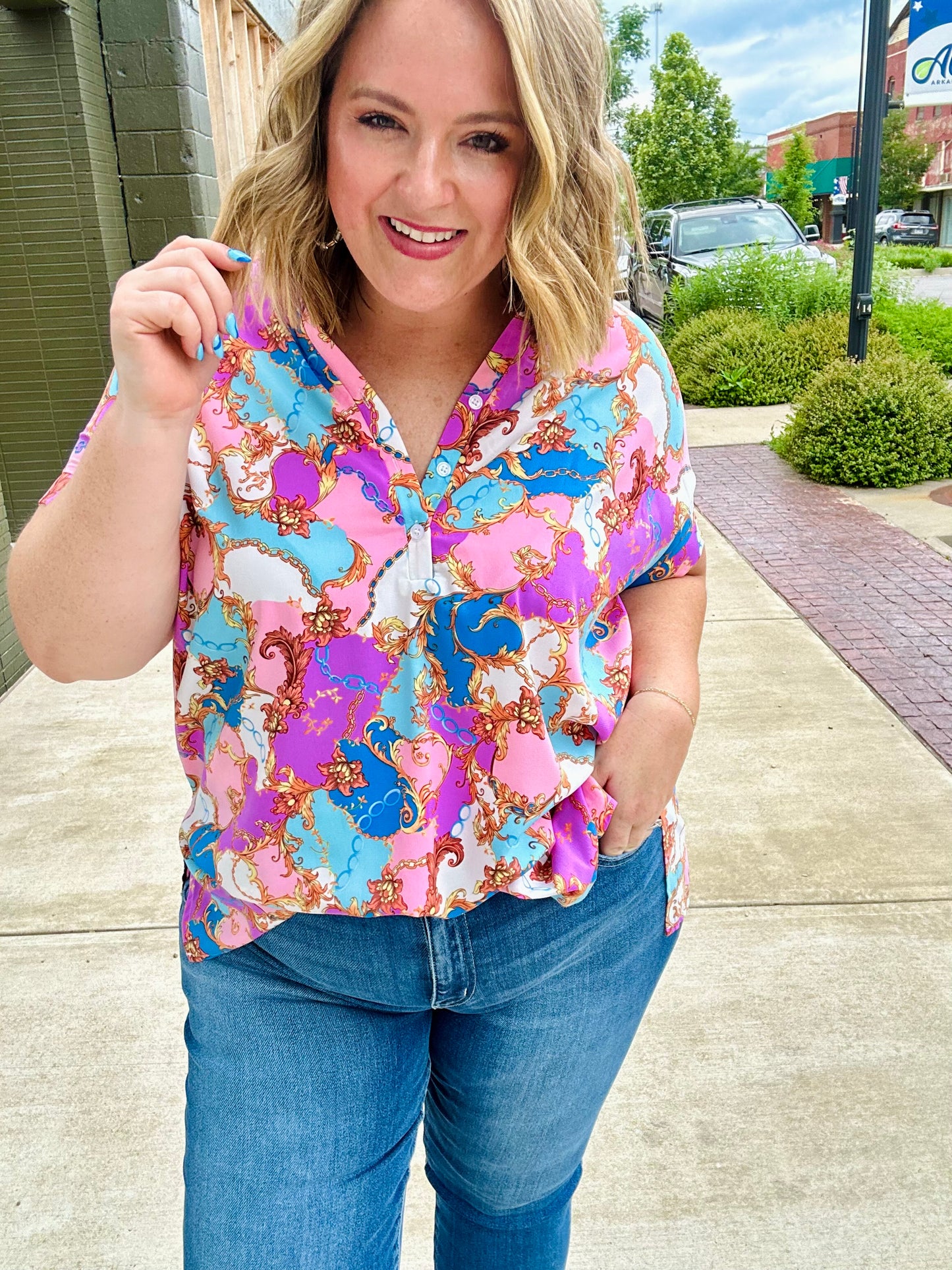Malia Mixed Print Button Top