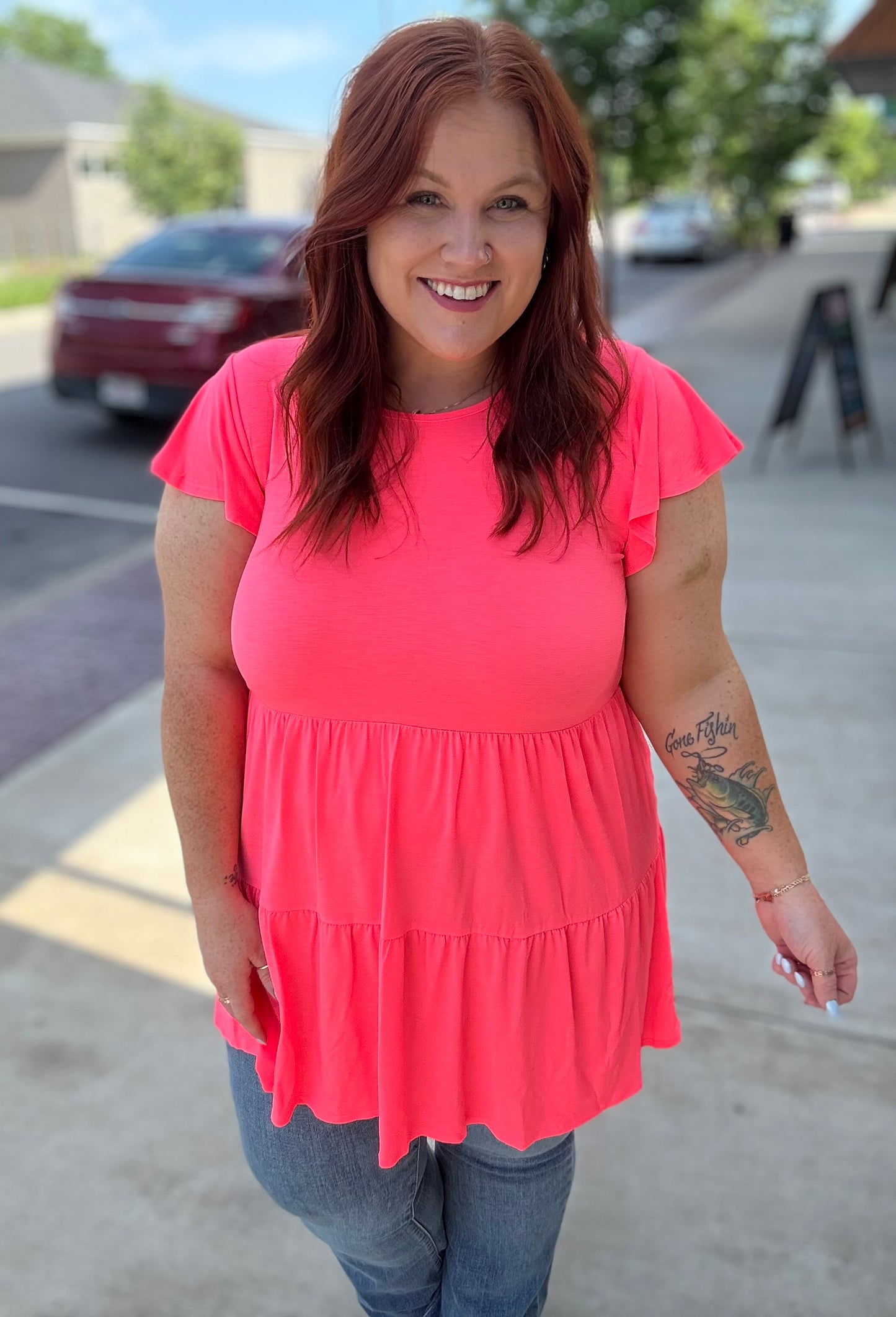Nellie Neon Coral Tiered Top