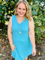 Penny V-Neck Ribbed Dress in Blue