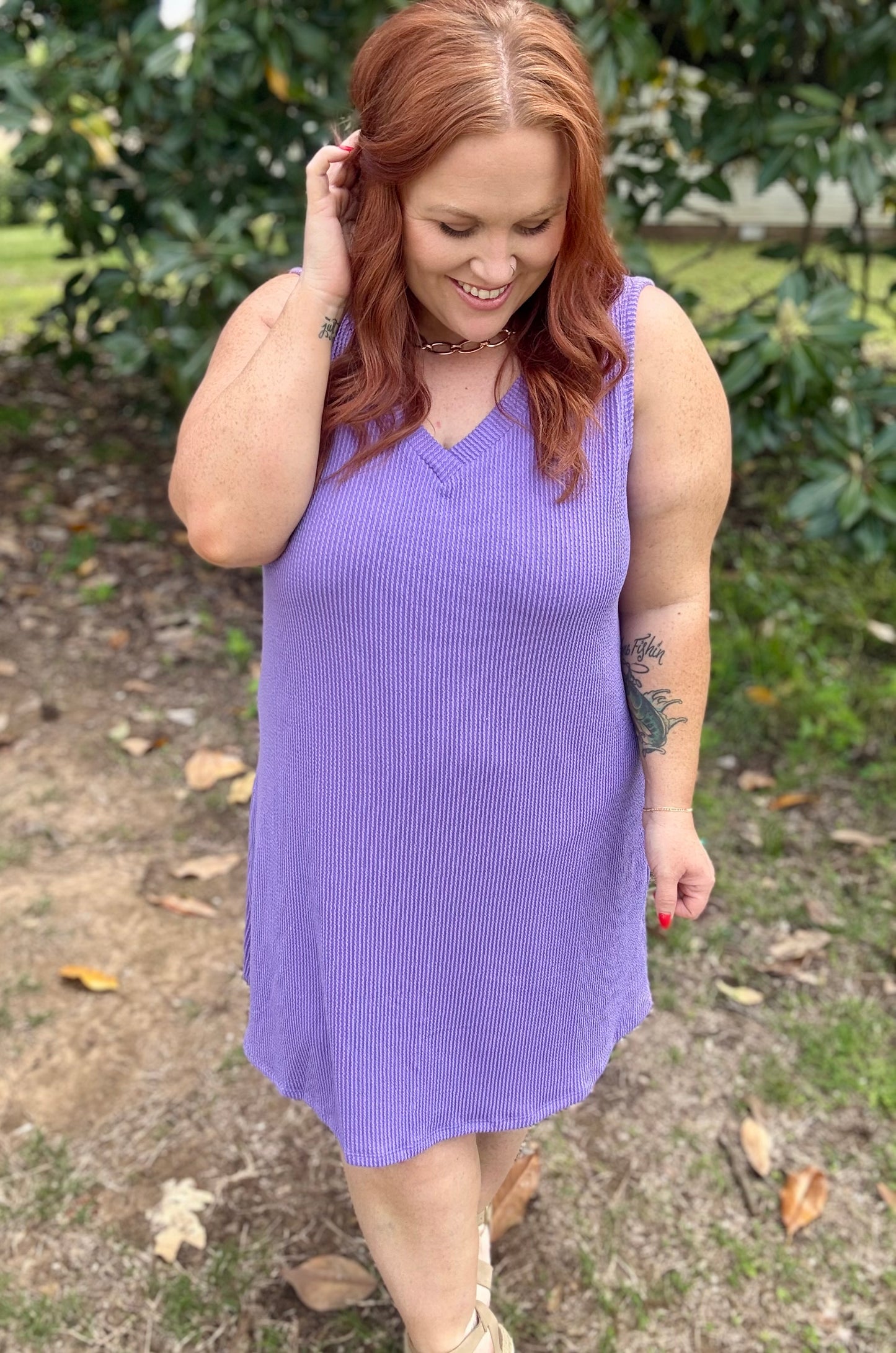 Penny V-Neck Ribbed Dress in Purple