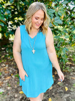 Penny V-Neck Ribbed Dress in Blue