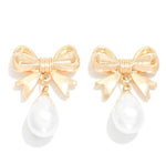 Bri Bow & Pearl Gold Drop Earrings