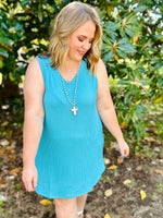 Penny V-Neck Ribbed Dress in Blue