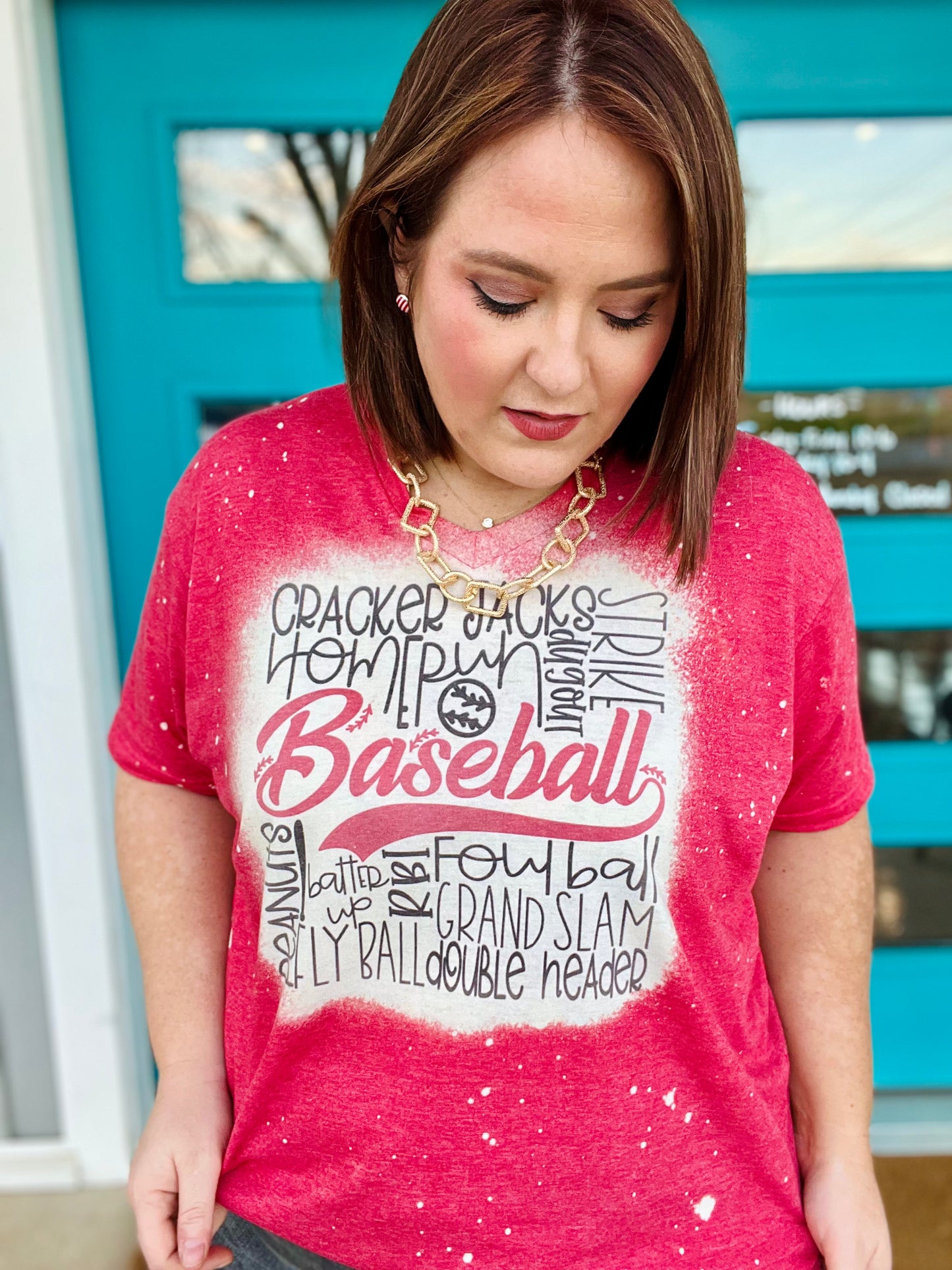 Baseball Vibes Bleached V-Neck Tee
