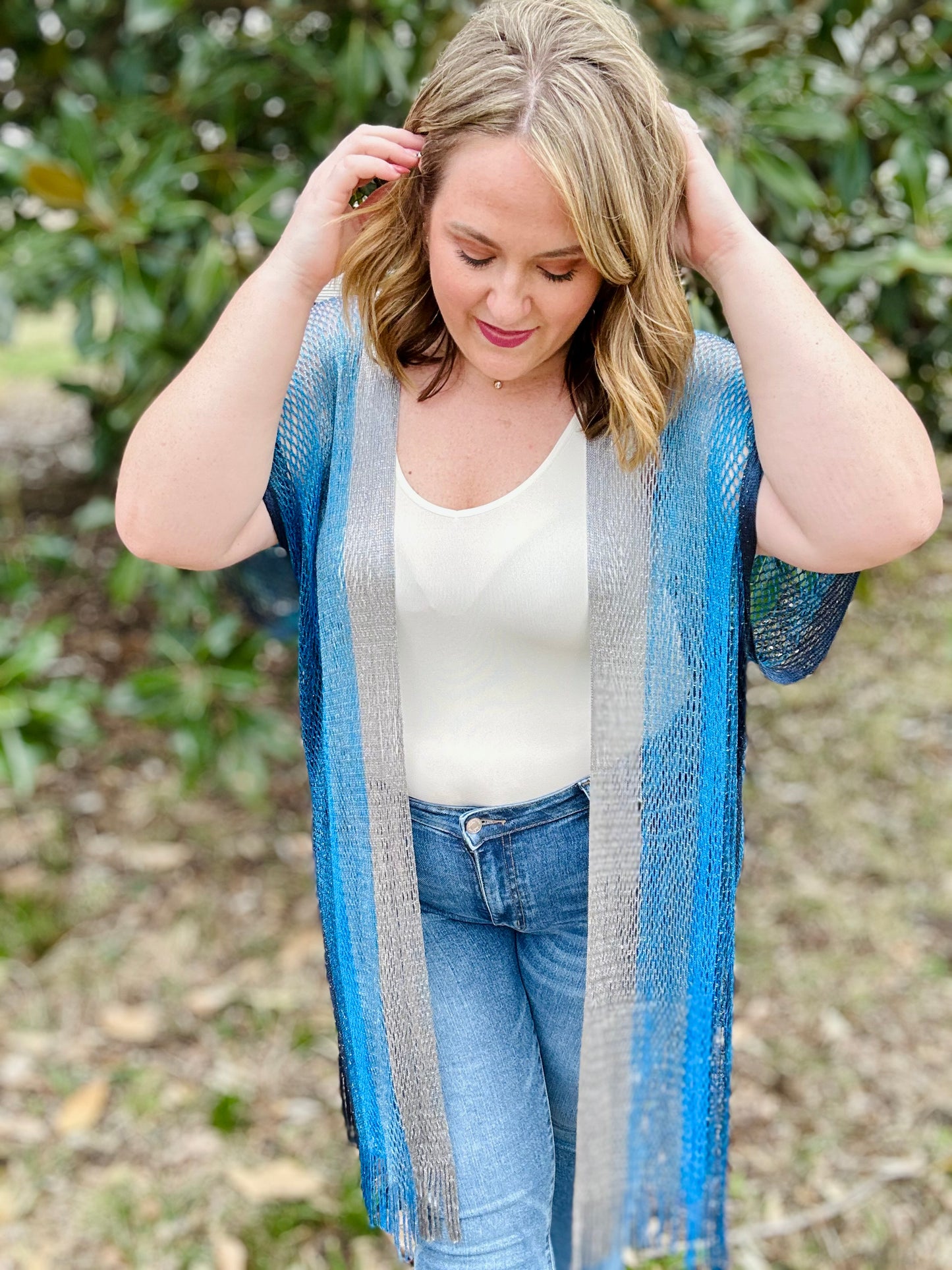 Fiona Netted Fringe Kimono in Blue
