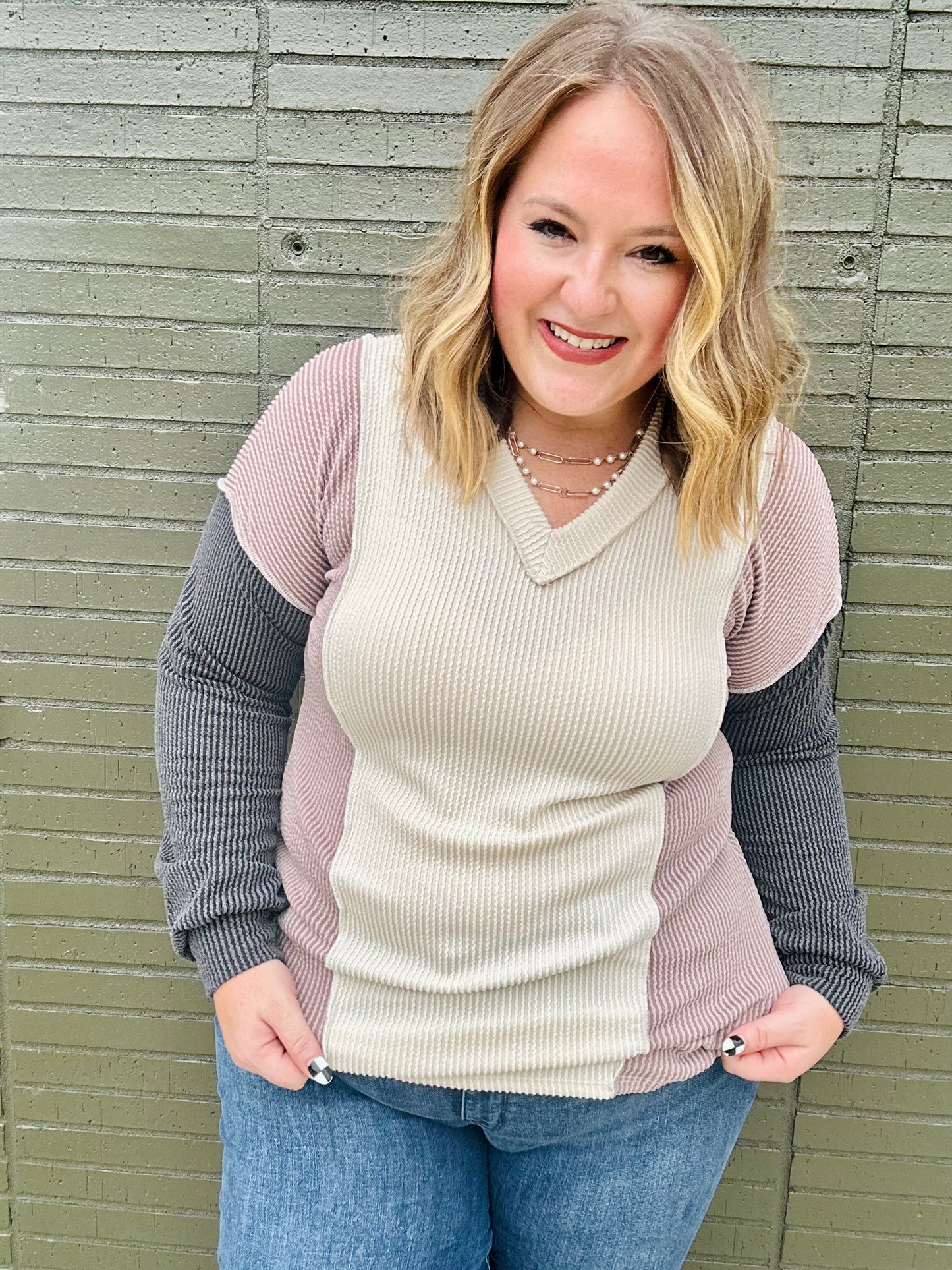 Puff Sleeve Urban Ribbed Color Block Top