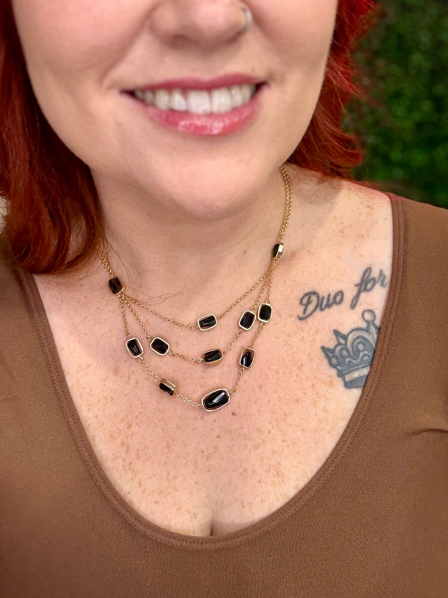 Layered Stone Chain Link Necklace - Gold