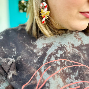 Candy Cane with Gold Bow Drop Earrings