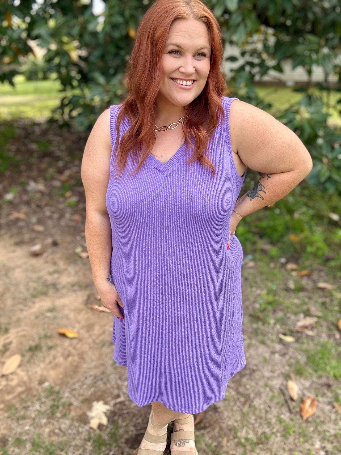 Penny V-Neck Ribbed Dress in Purple