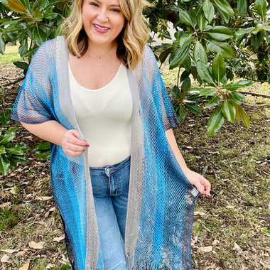 Fiona Netted Fringe Kimono in Blue