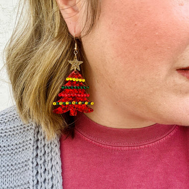 Red Glitter Christmas Tree Earrings