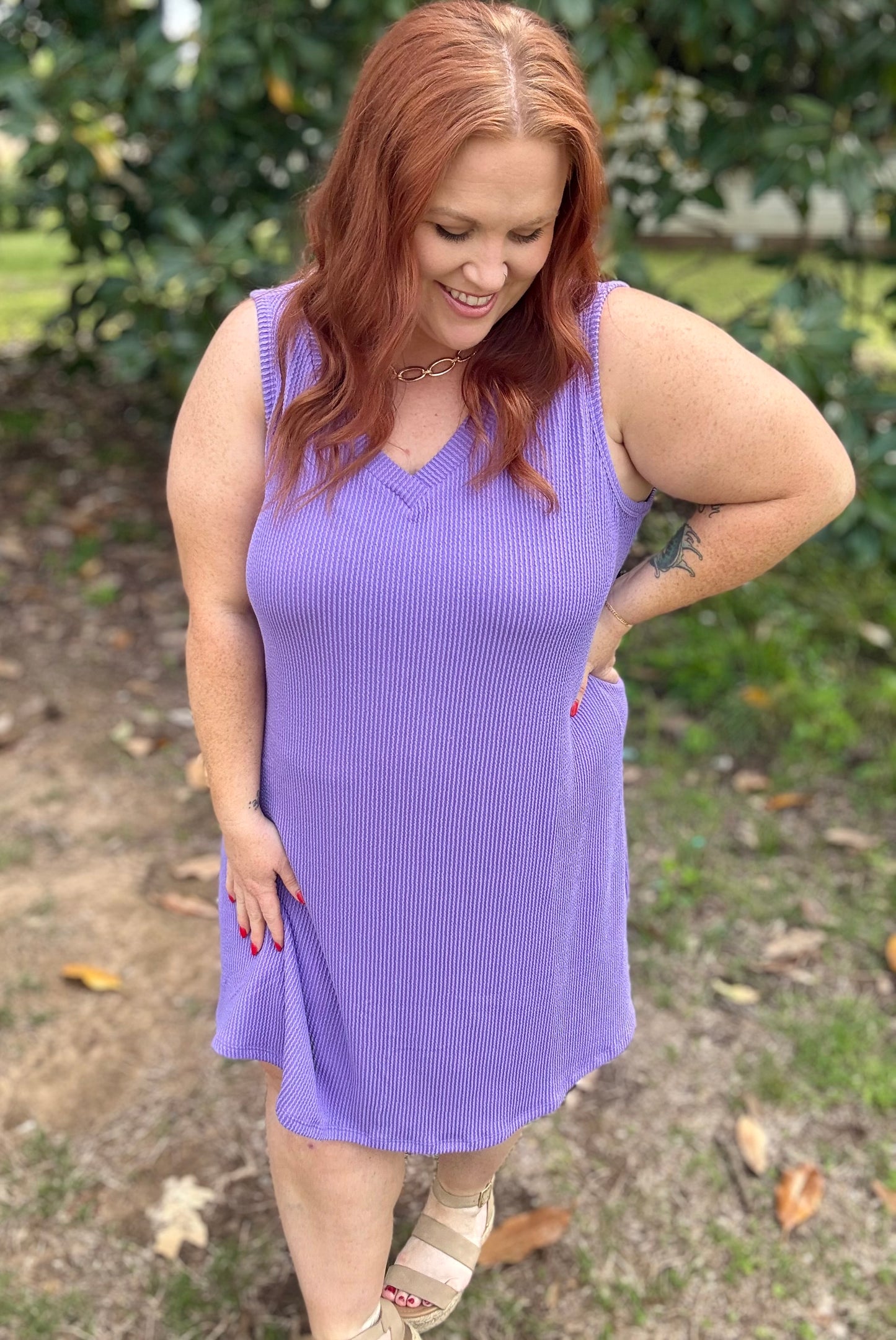 Penny V-Neck Ribbed Dress in Purple