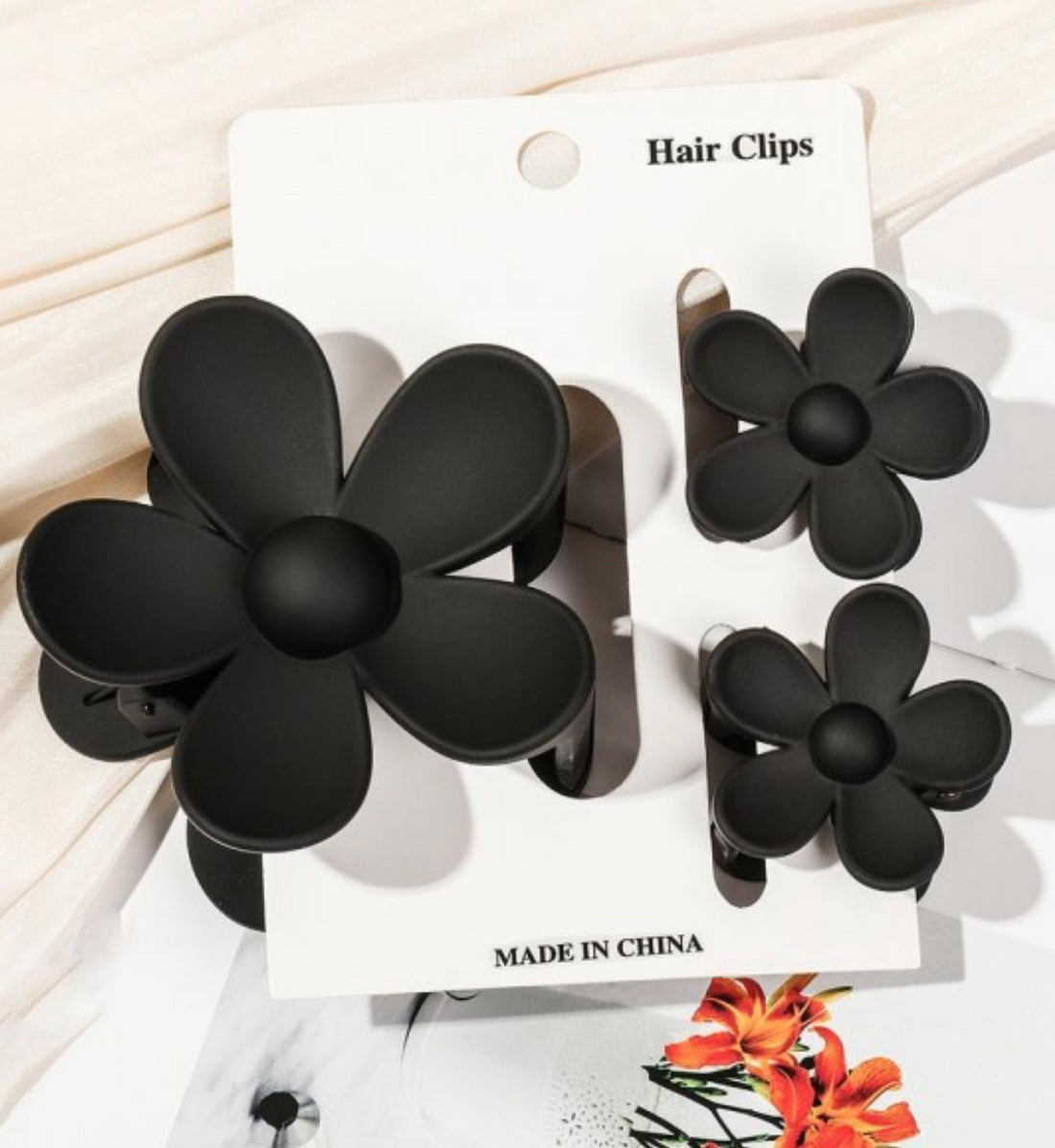 Set of Three Flower Hair Clips - Black