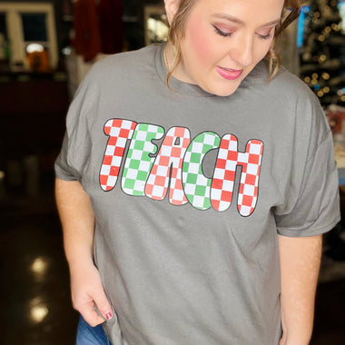 TEACH Checkered Tee on Charcoal