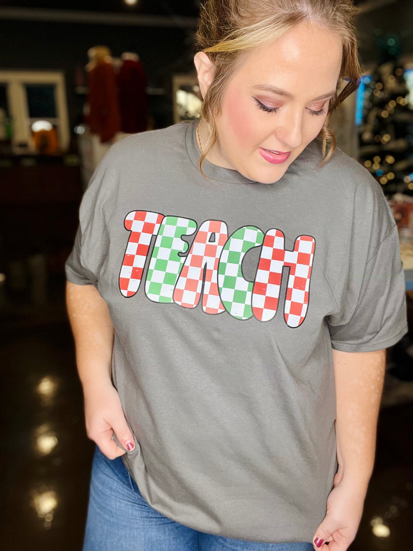 TEACH Checkered Tee on Charcoal