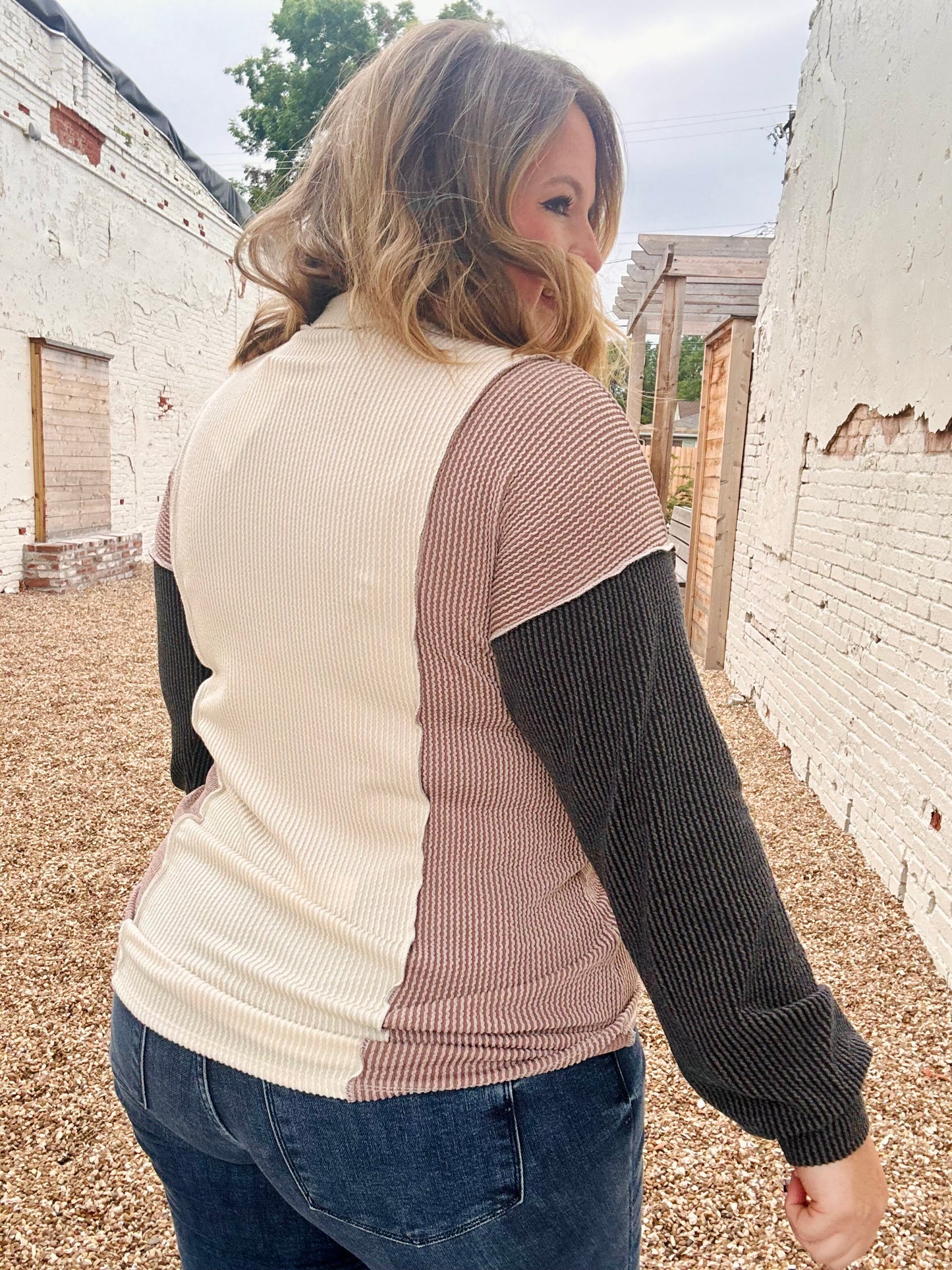 Puff Sleeve Urban Ribbed Color Block Top