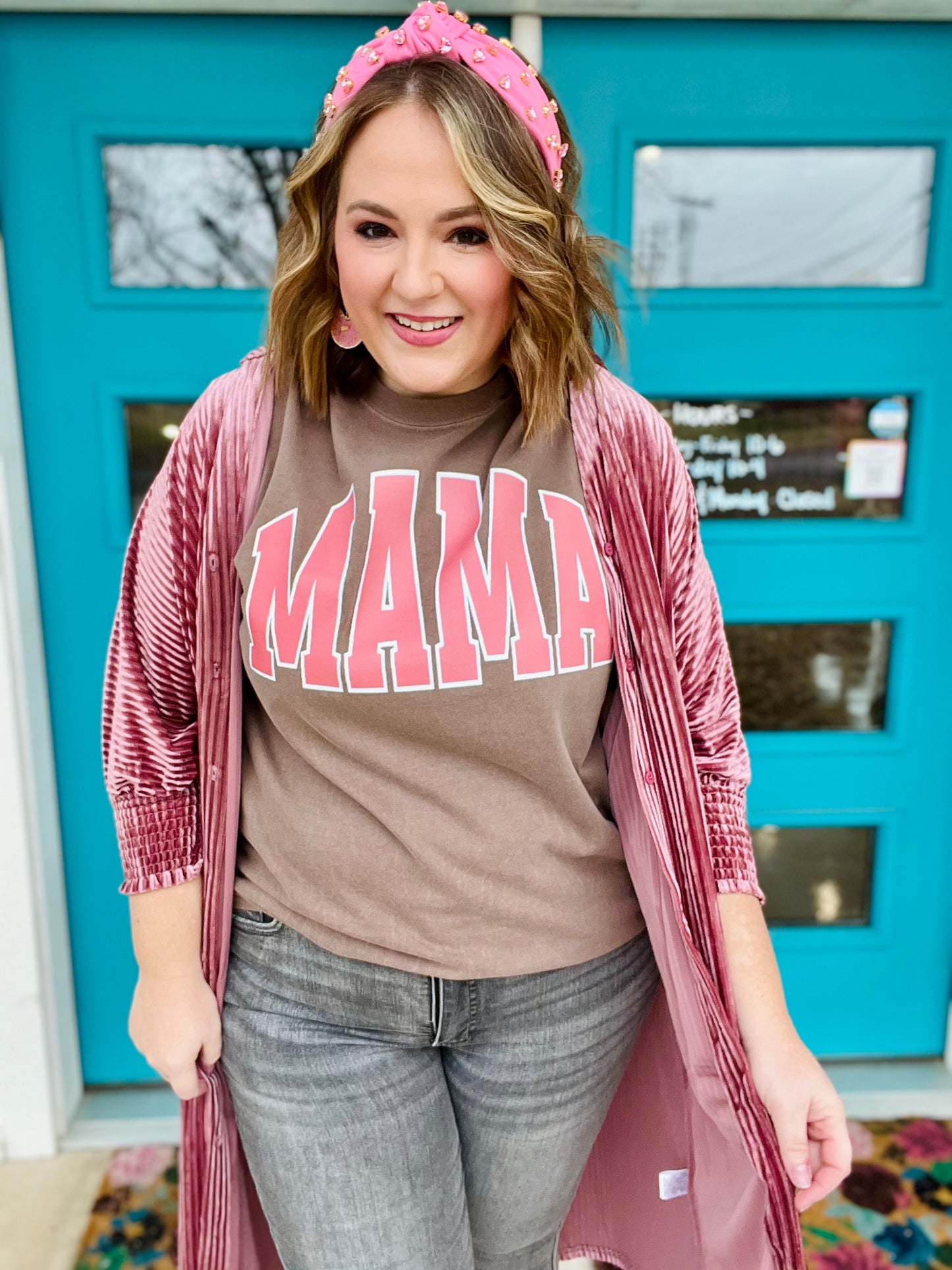 Varsity Mama Coral Tee on Comfort Colors