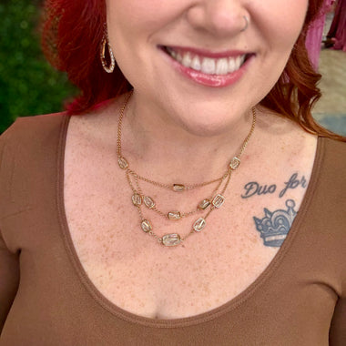 Layered Stone Chain Link Necklace - Gold