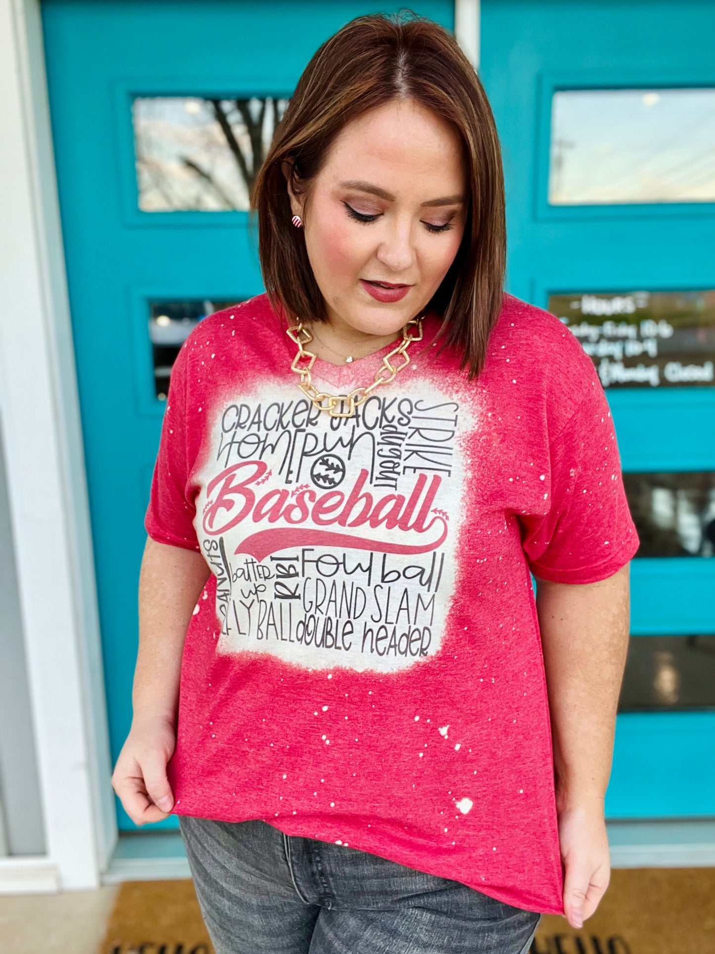 Baseball Vibes Bleached V-Neck Tee