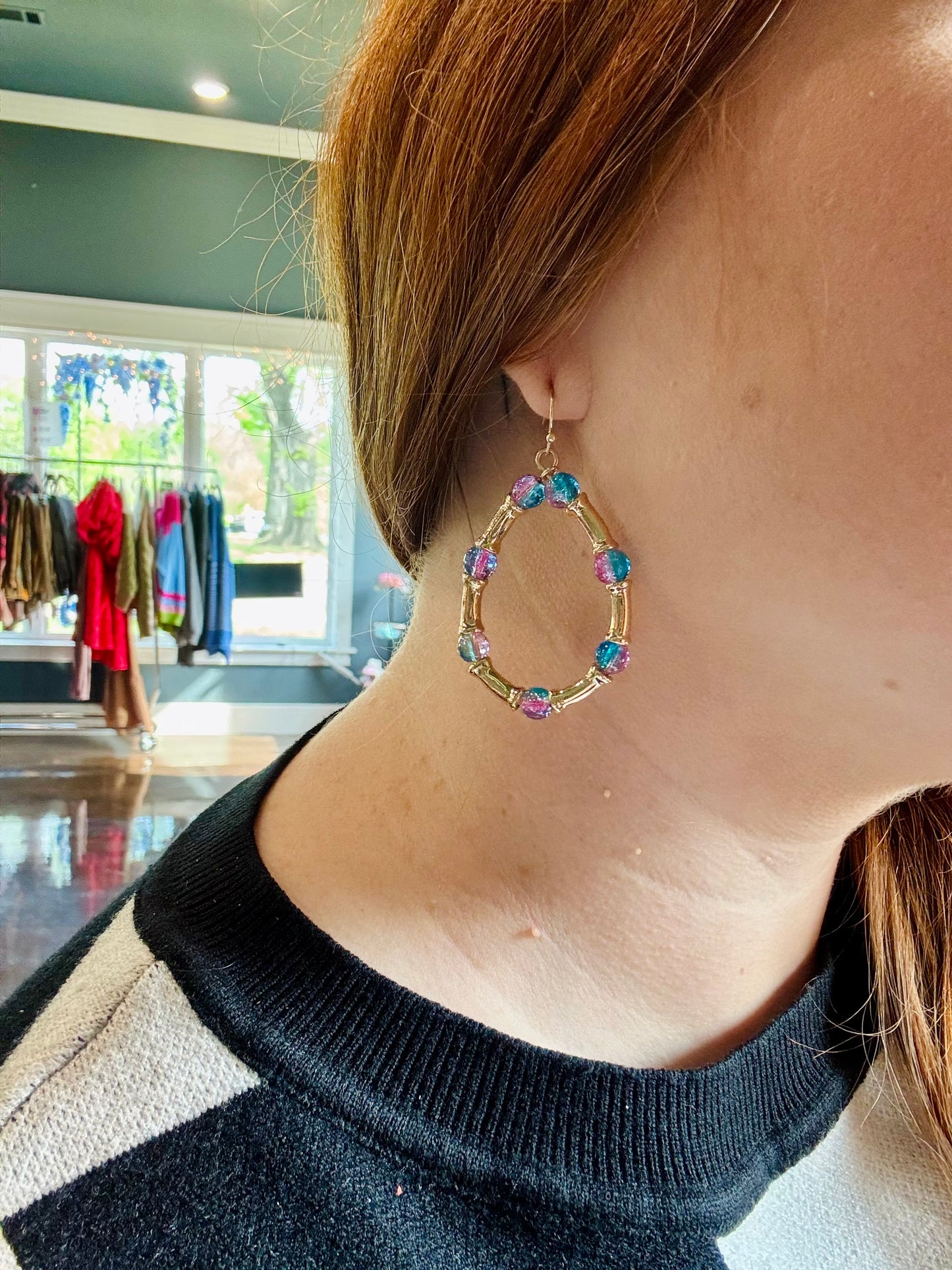 Beaded Metal Teardrop Earrings (Multiple Colors)