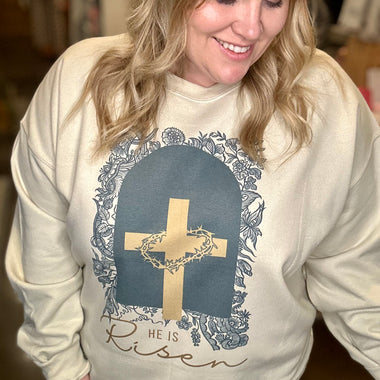 He is Risen Cross Sweatshirt on Tan