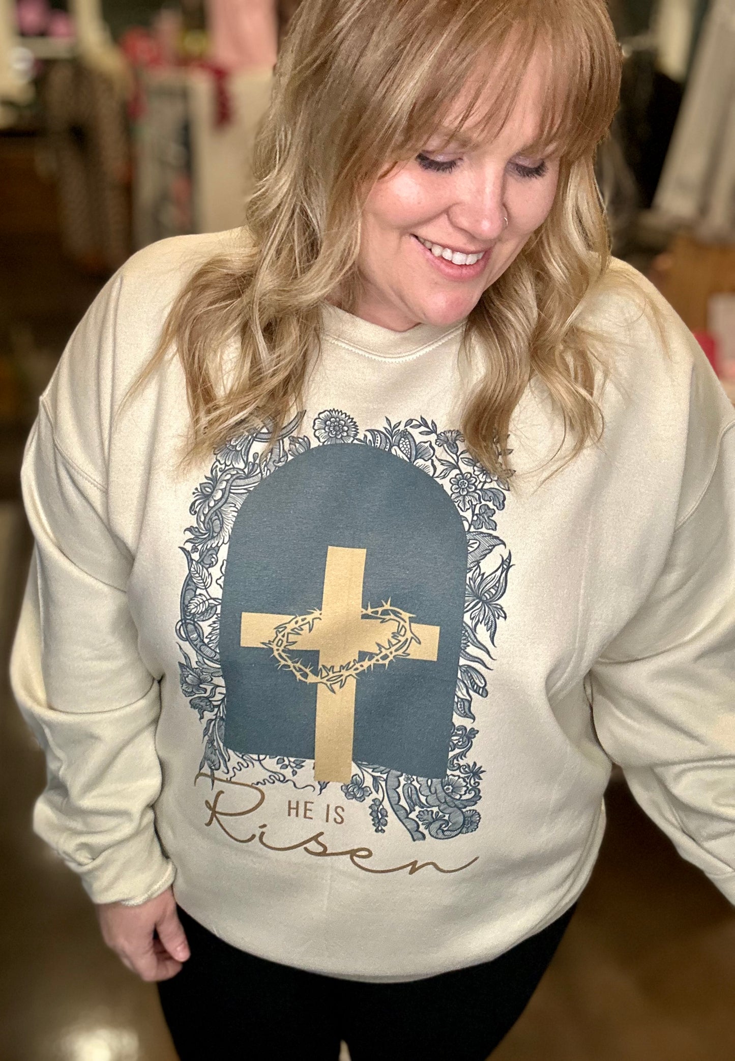 He is Risen Cross Sweatshirt on Tan