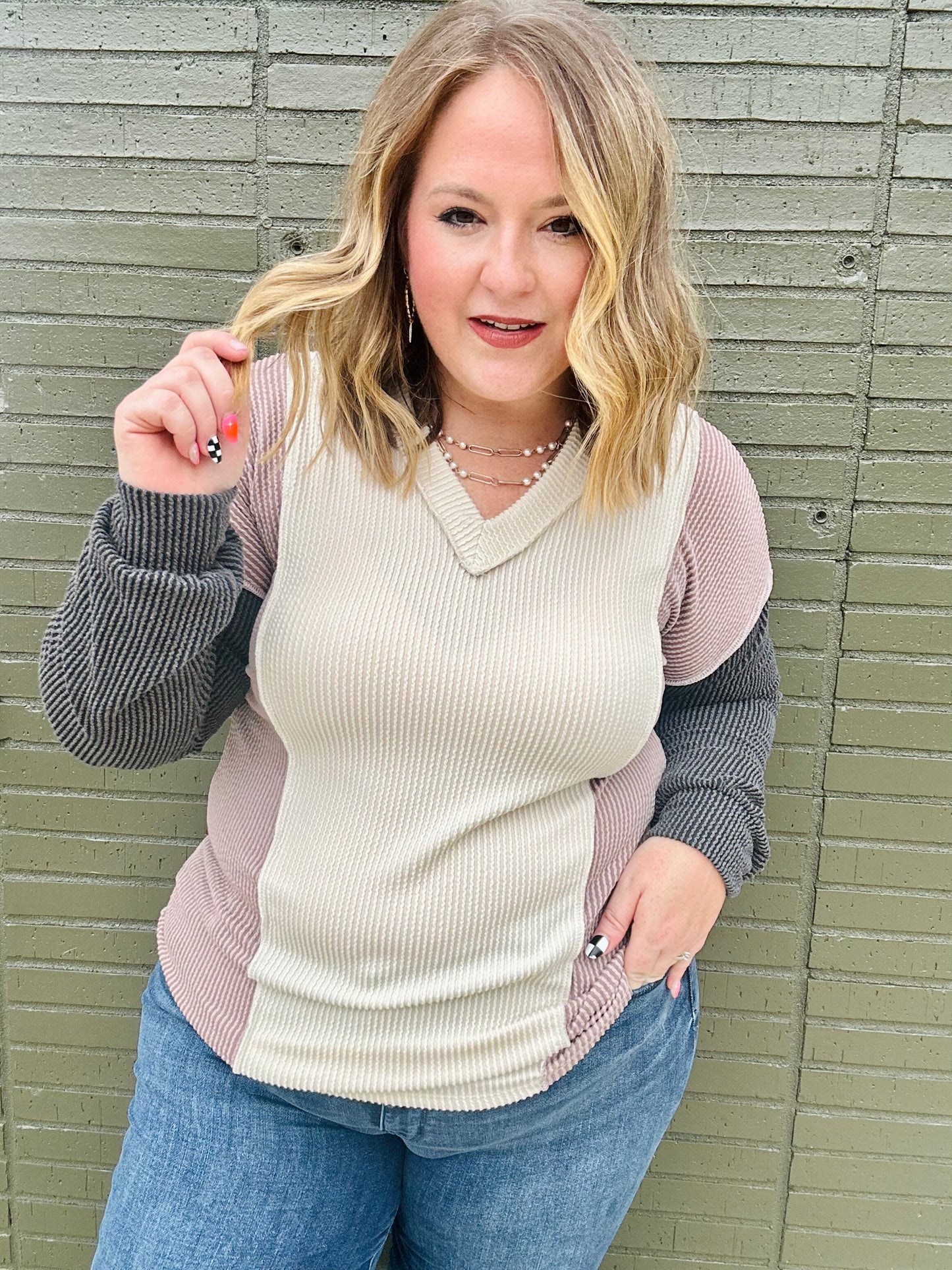 Puff Sleeve Urban Ribbed Color Block Top
