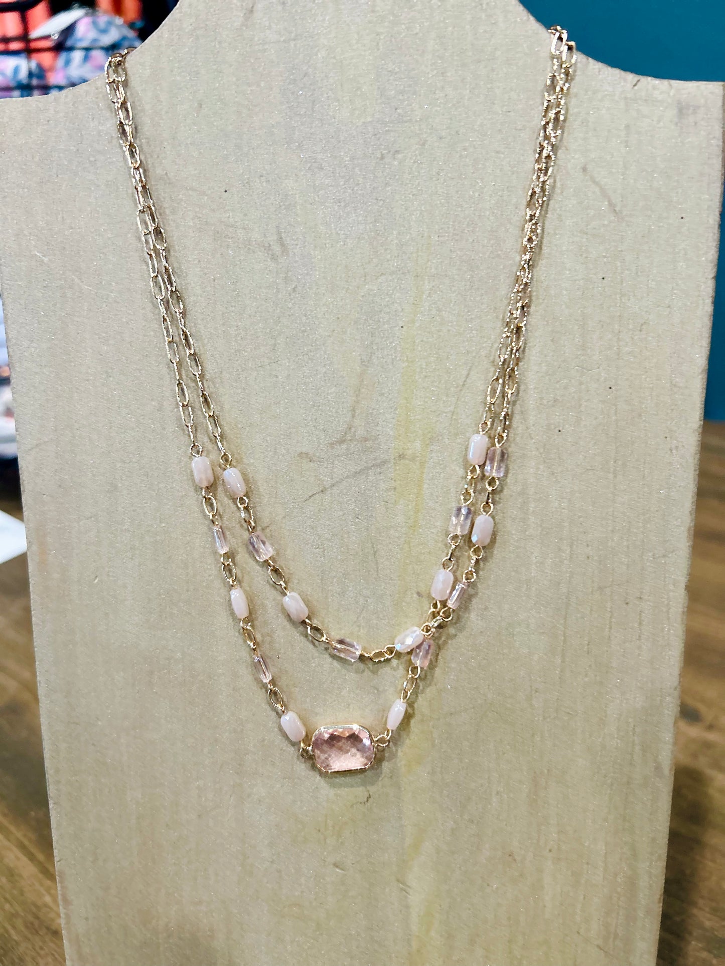 Layered Glass Crystal Necklace in Pink
