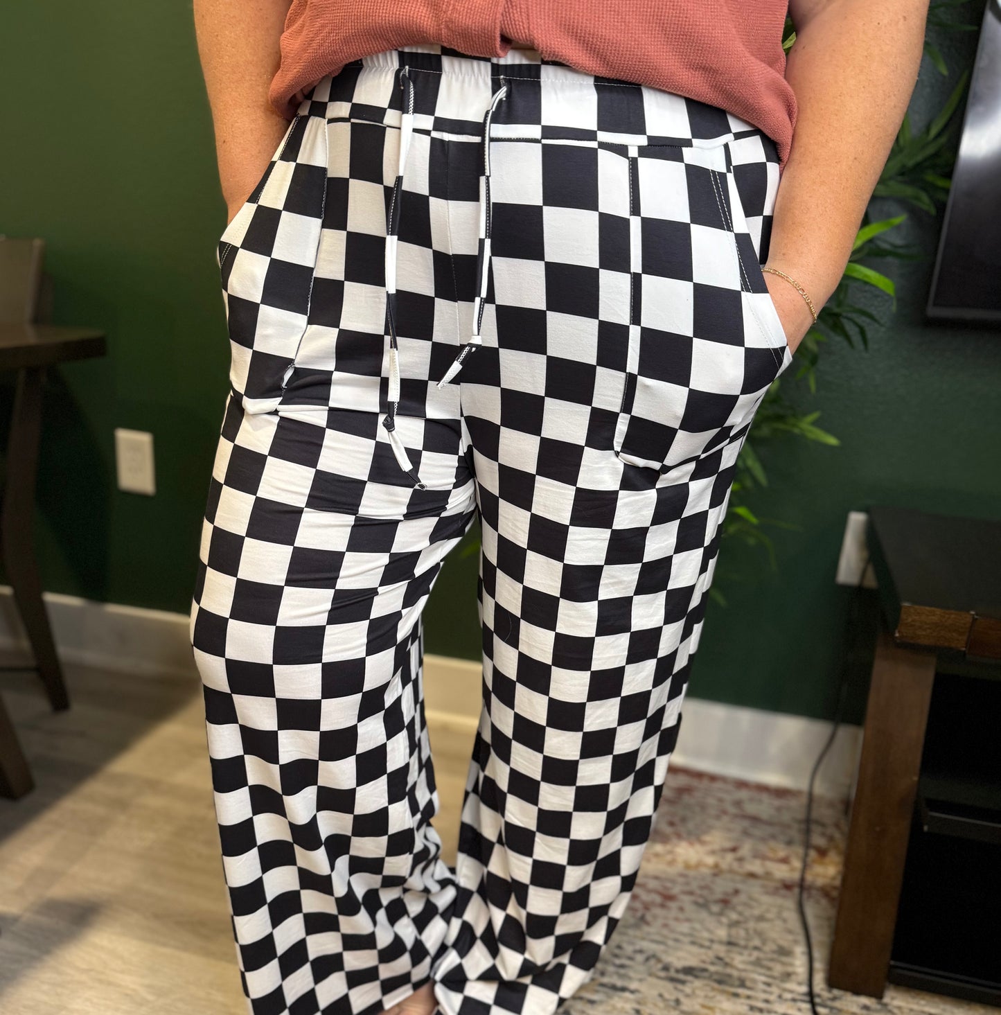 Black Checkered Drawstring Pants