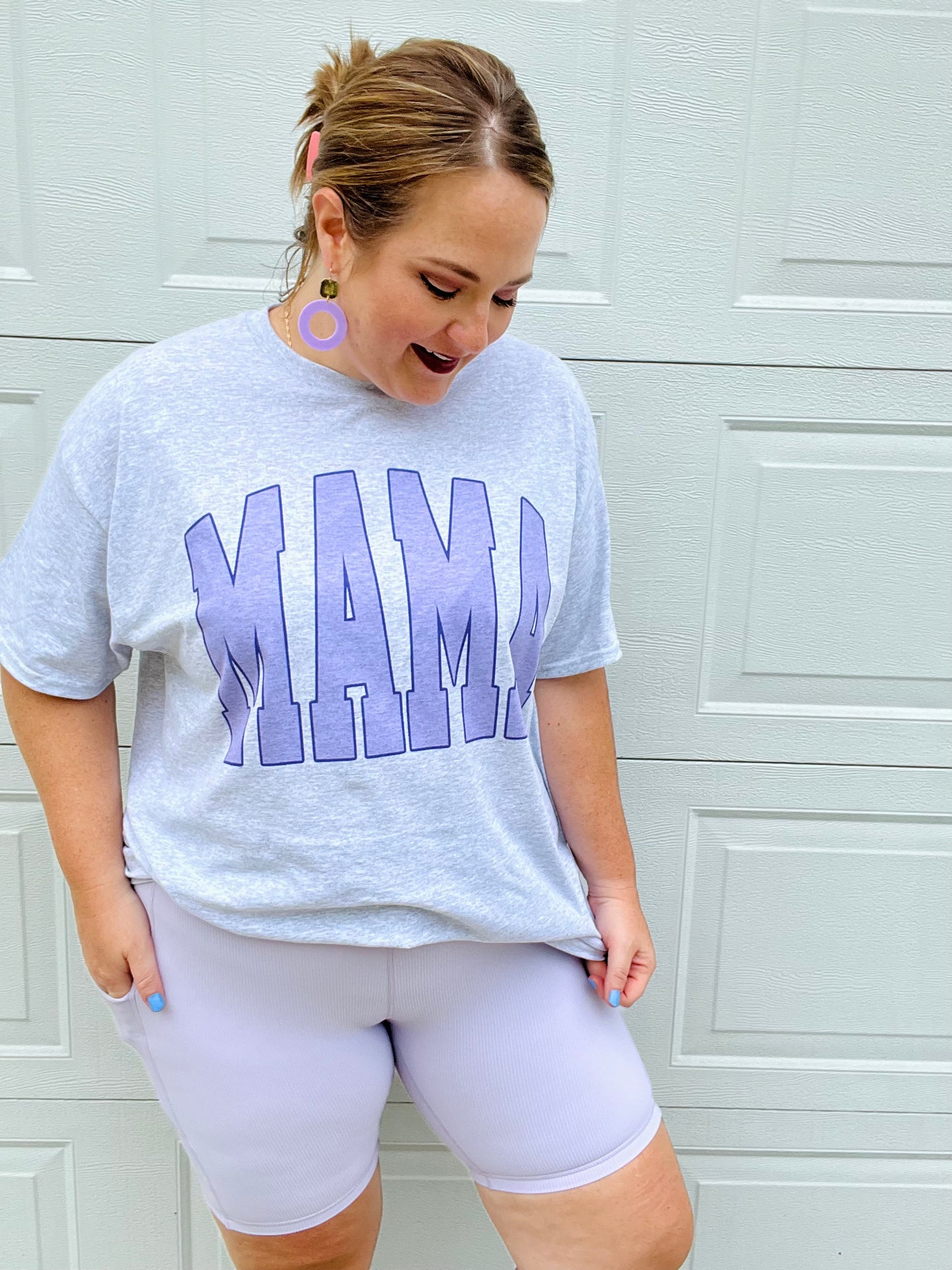 Mama Varsity Lavender Tee on Gray