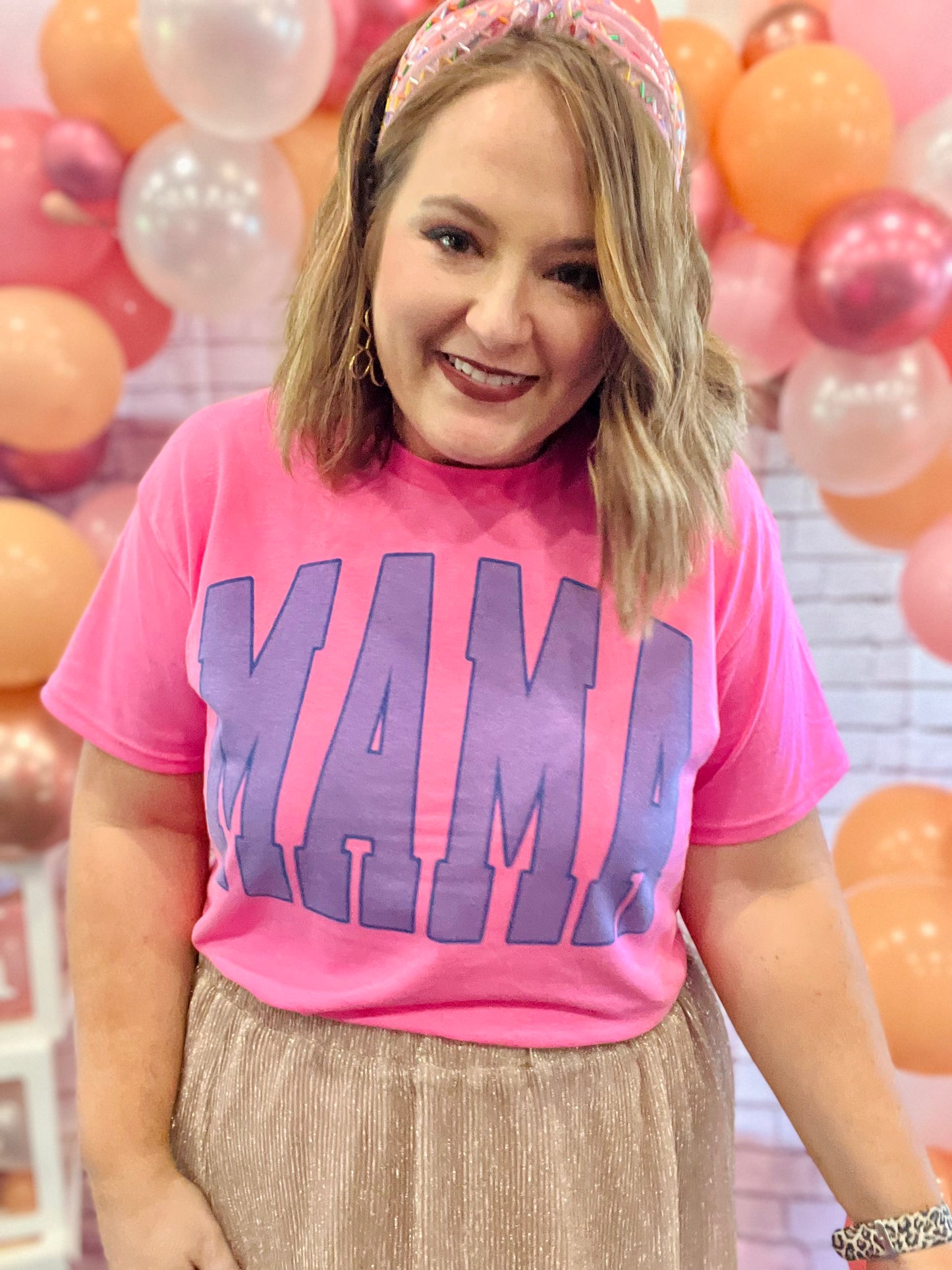 Mama Varsity Blue Tee on Pink