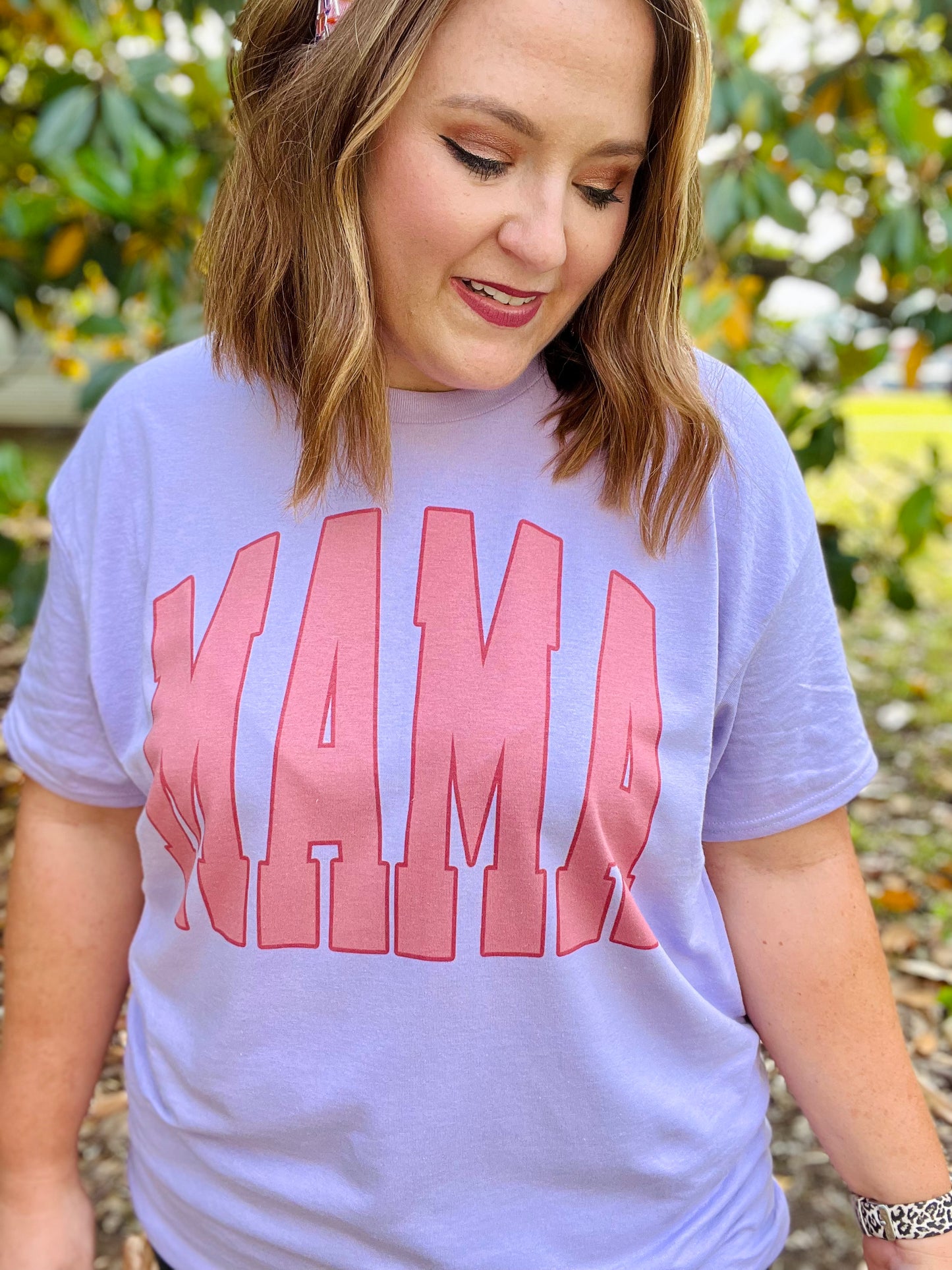 Mama Varsity Pink Tee on Lavender