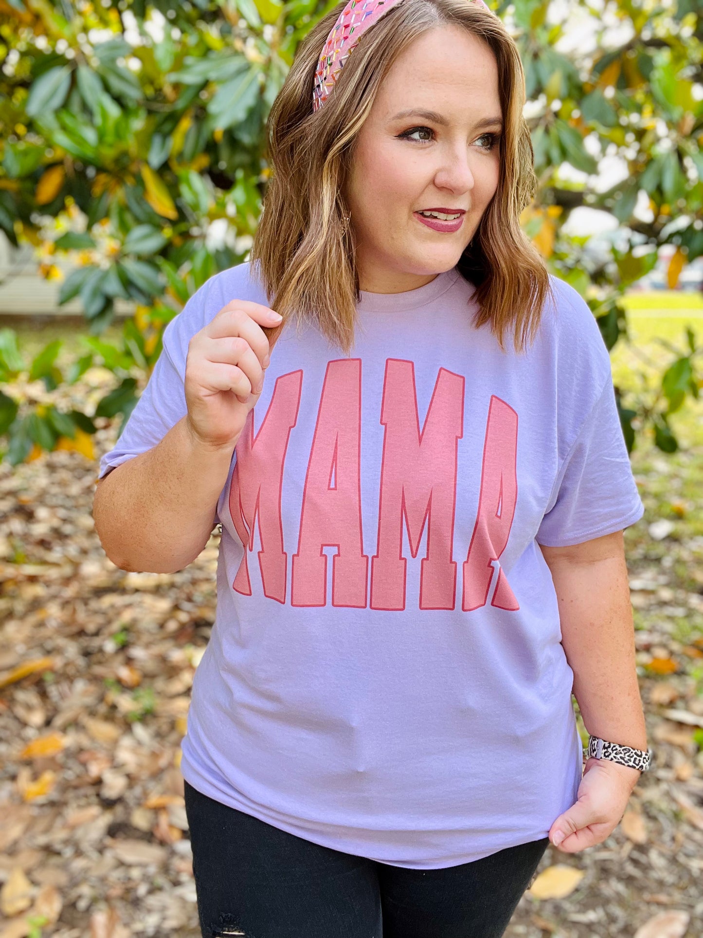 Mama Varsity Pink Tee on Lavender