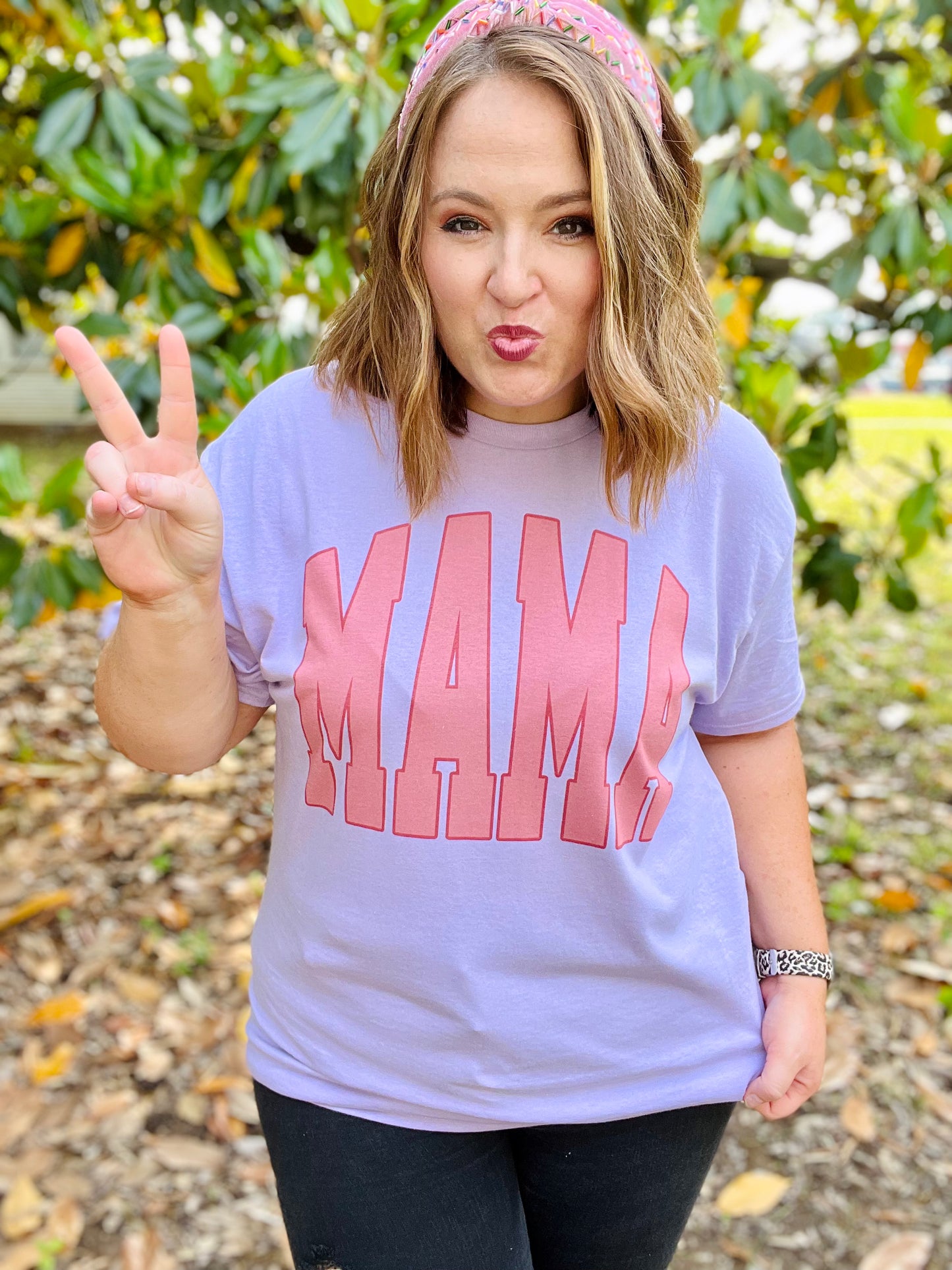 Mama Varsity Pink Tee on Lavender