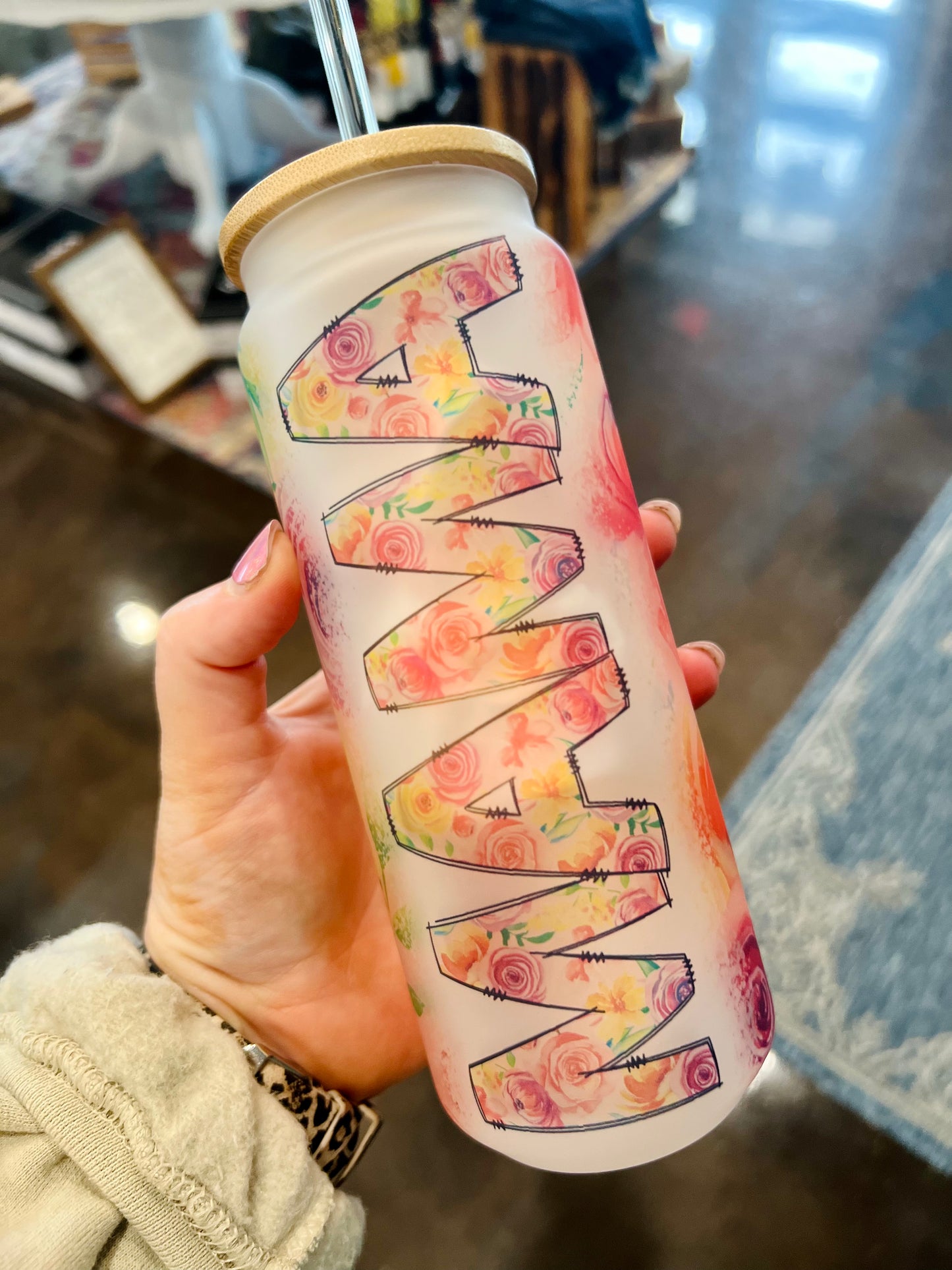 25 oz Floral Mama Frosted Glass Can