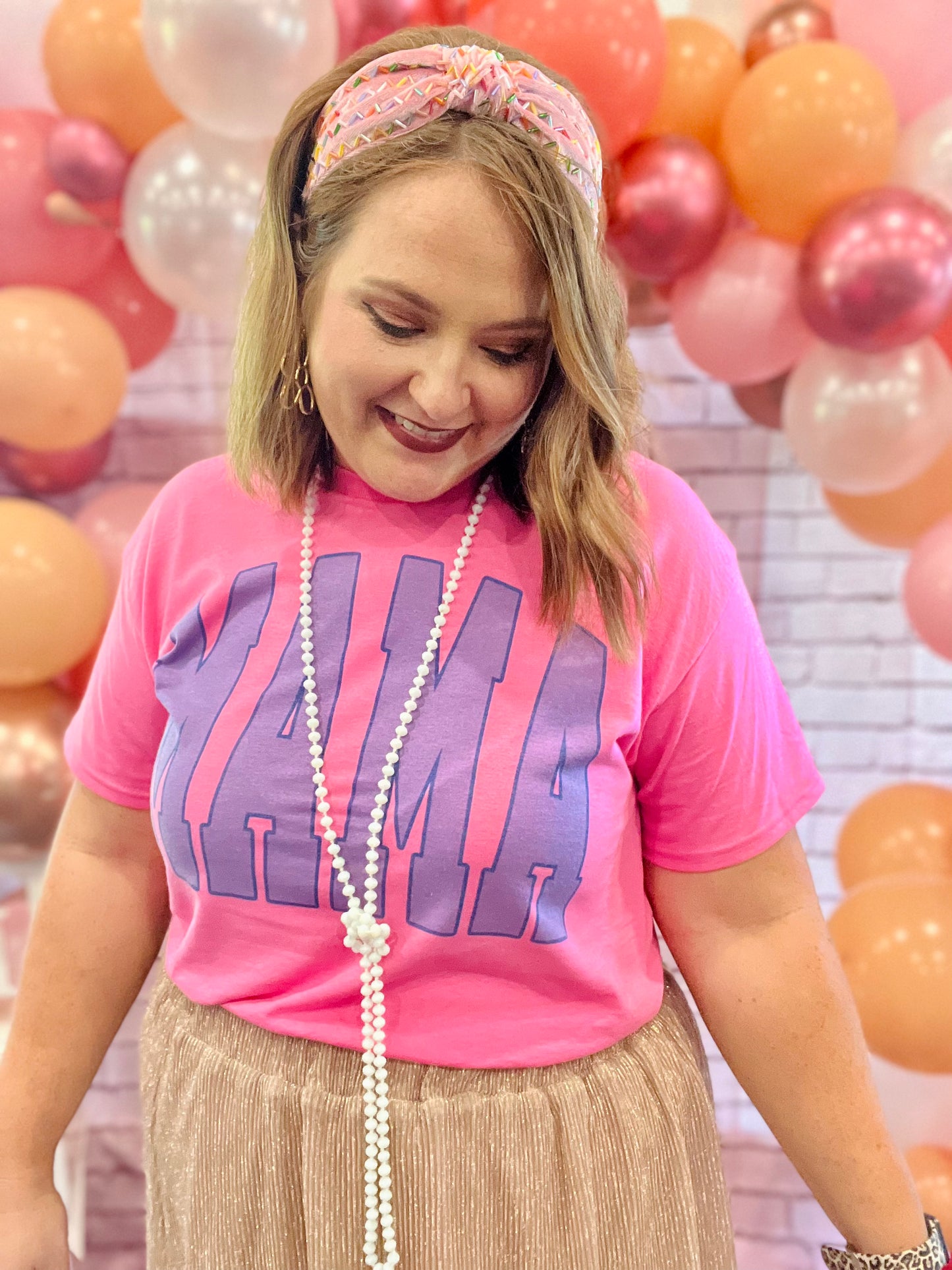 Mama Varsity Blue Tee on Pink