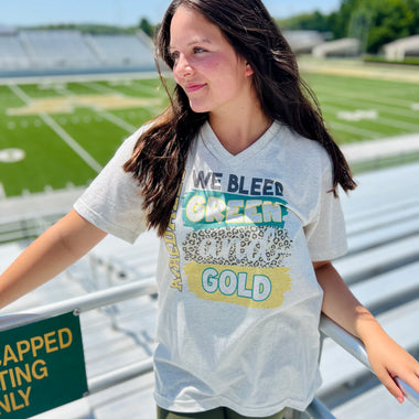 "We Bleed" School Colors V-Neck Tee on Oatmeal (Customizable)