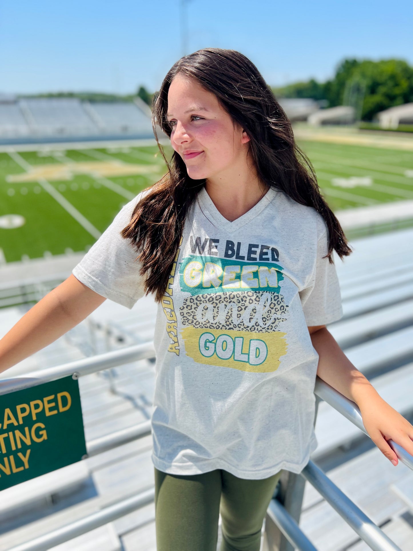 "We Bleed" School Colors V-Neck Tee on Oatmeal (Customizable)