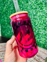 16 oz Checkered Smiley on Pink Glass Can